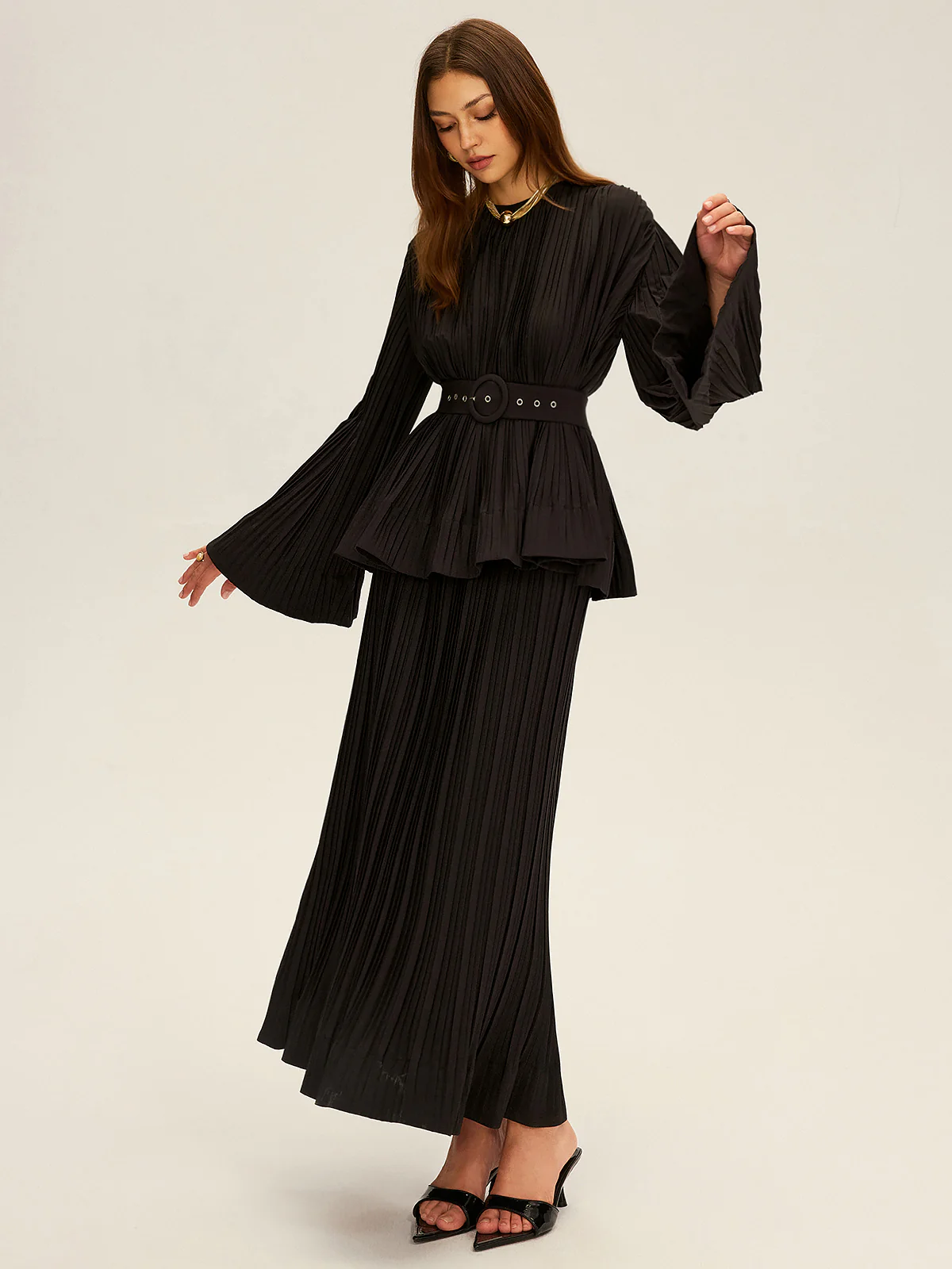 Pleated Bell Sleeve Belted Peplum Blouse - Wholesalesil