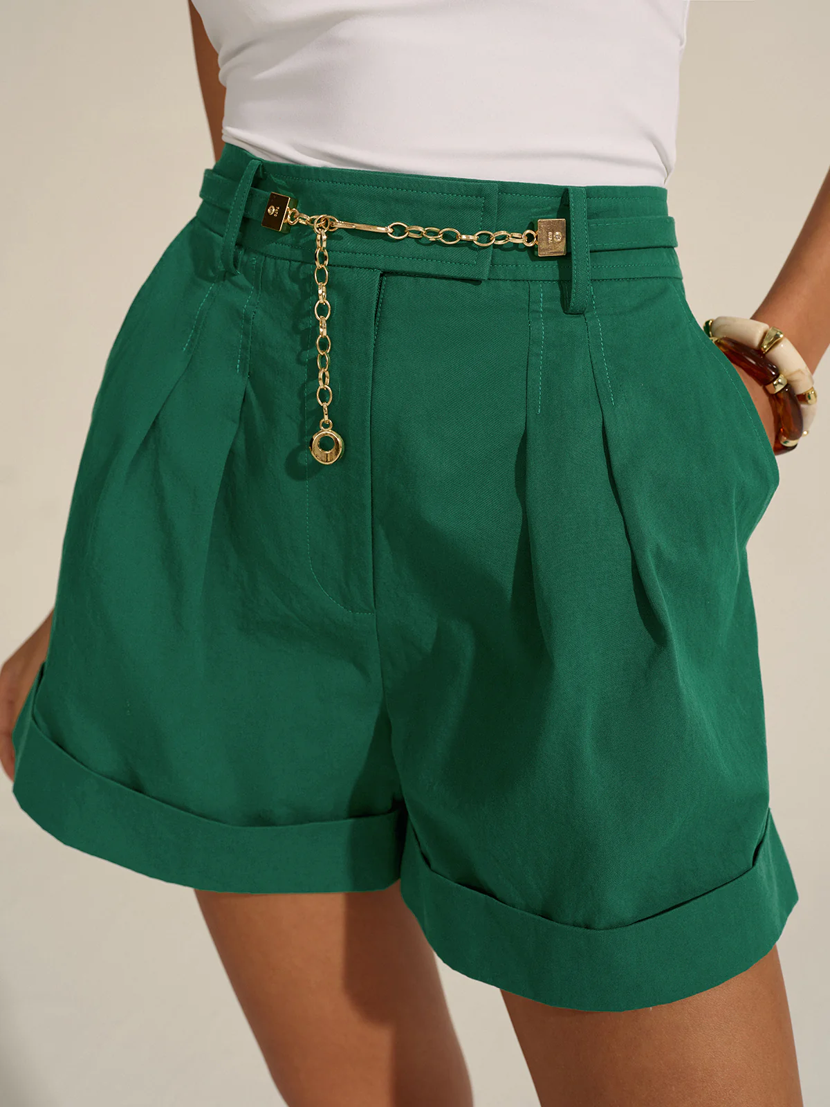 Pleated Cuffed Shorts with Gold Chain Detail - Wholesalesil