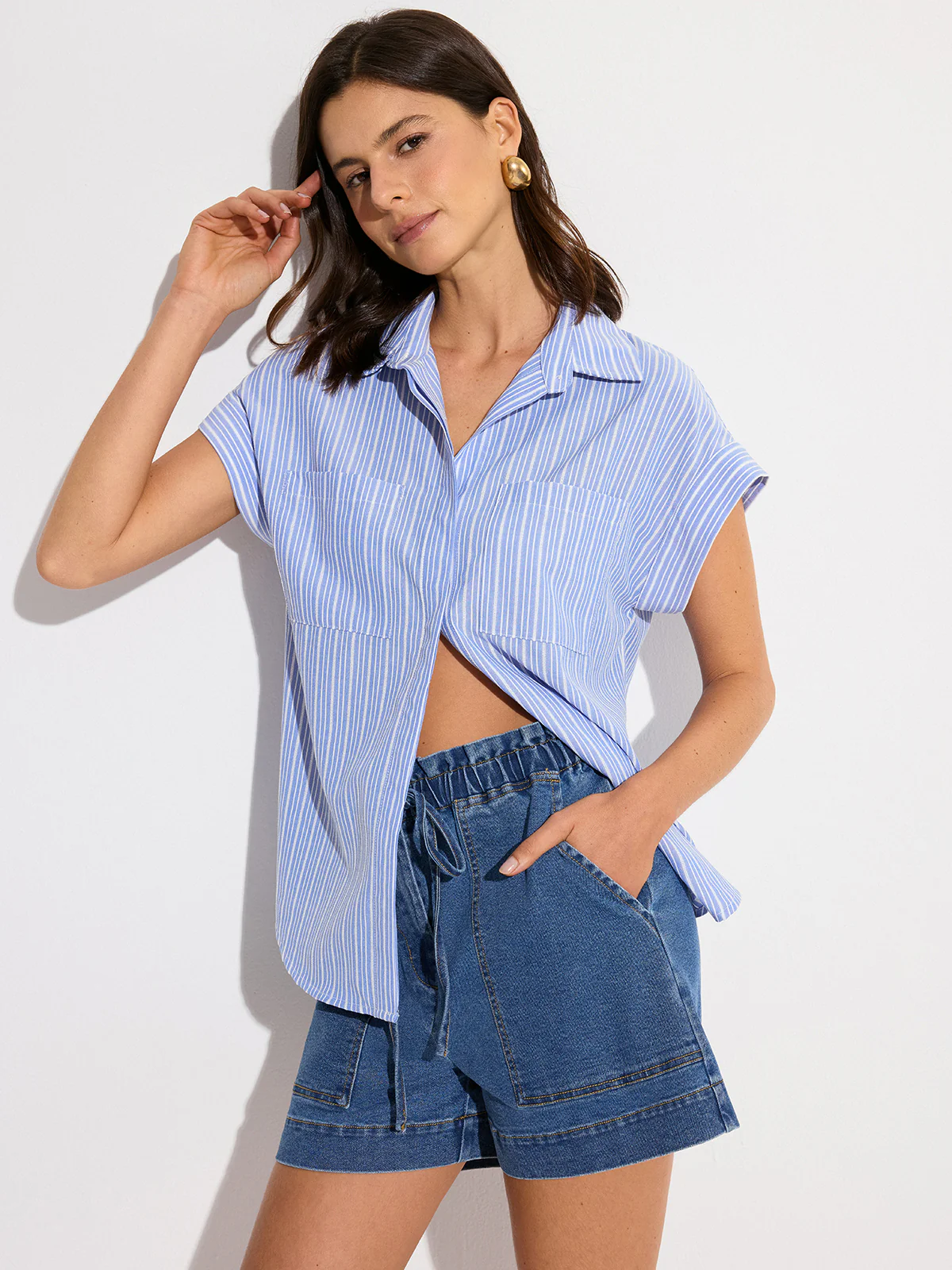 Pocketed Striped Oversized Shirt - Wholesalesil