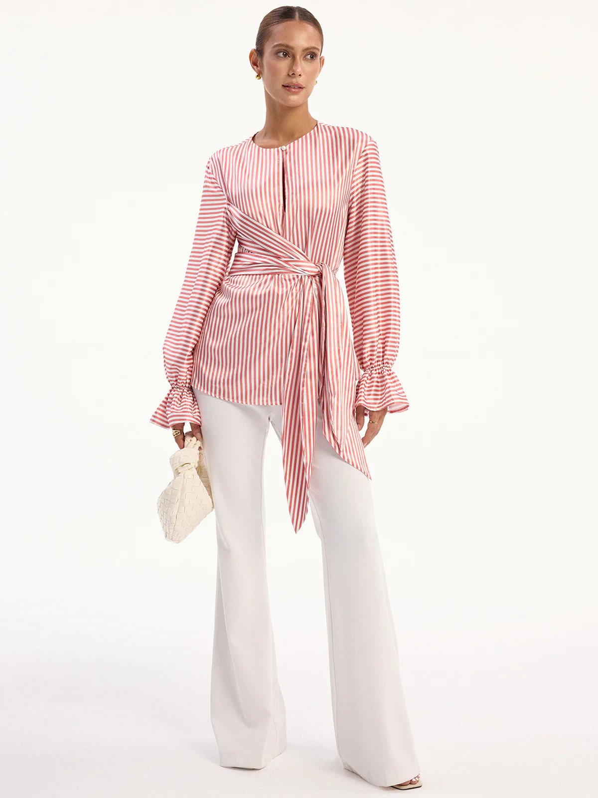 Wrap-Tie Striped Keyhole Blouse - Wholesalesil