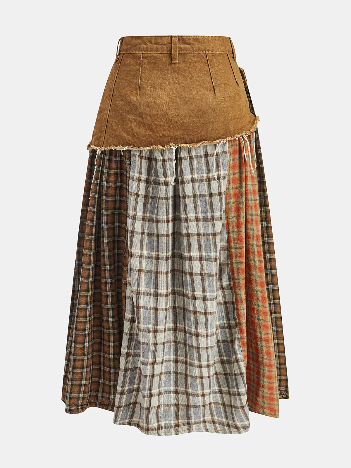 Denim Paneled Mixed Plaid Midi Skirt - Wholesalesil