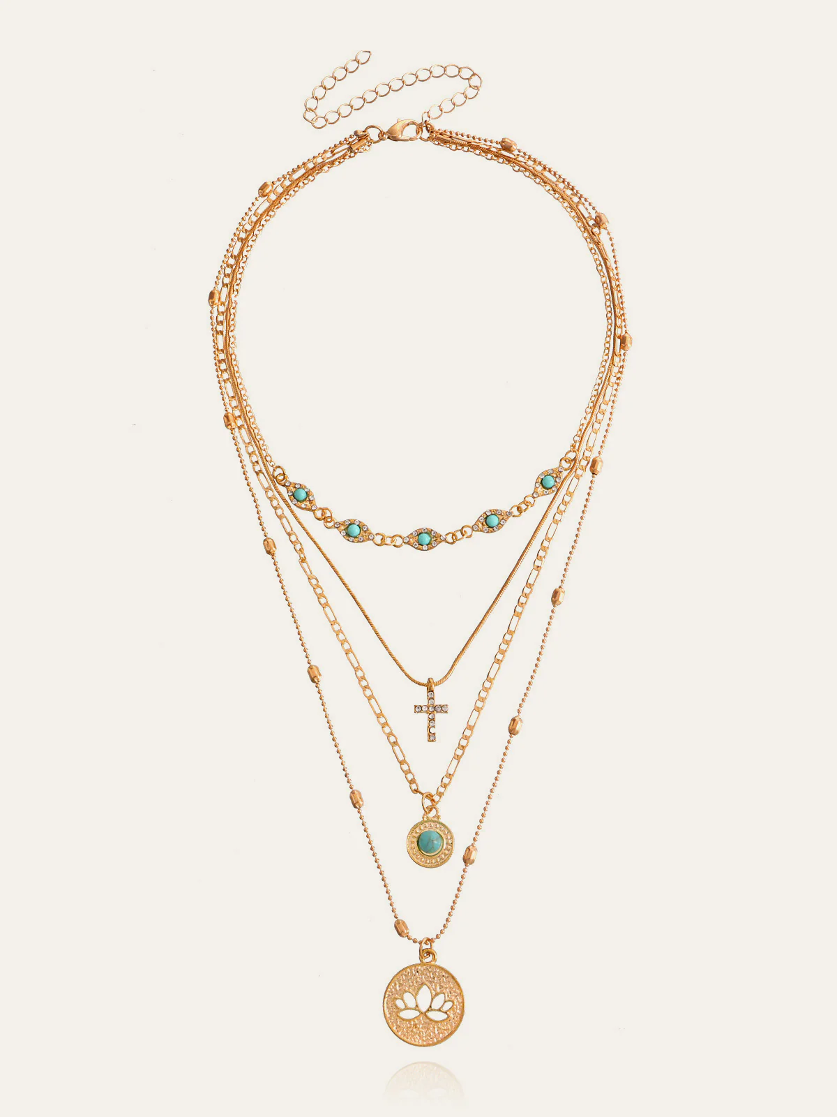 Layered Gold Tone Necklace with Turquoise and Charms - Wholesalesil