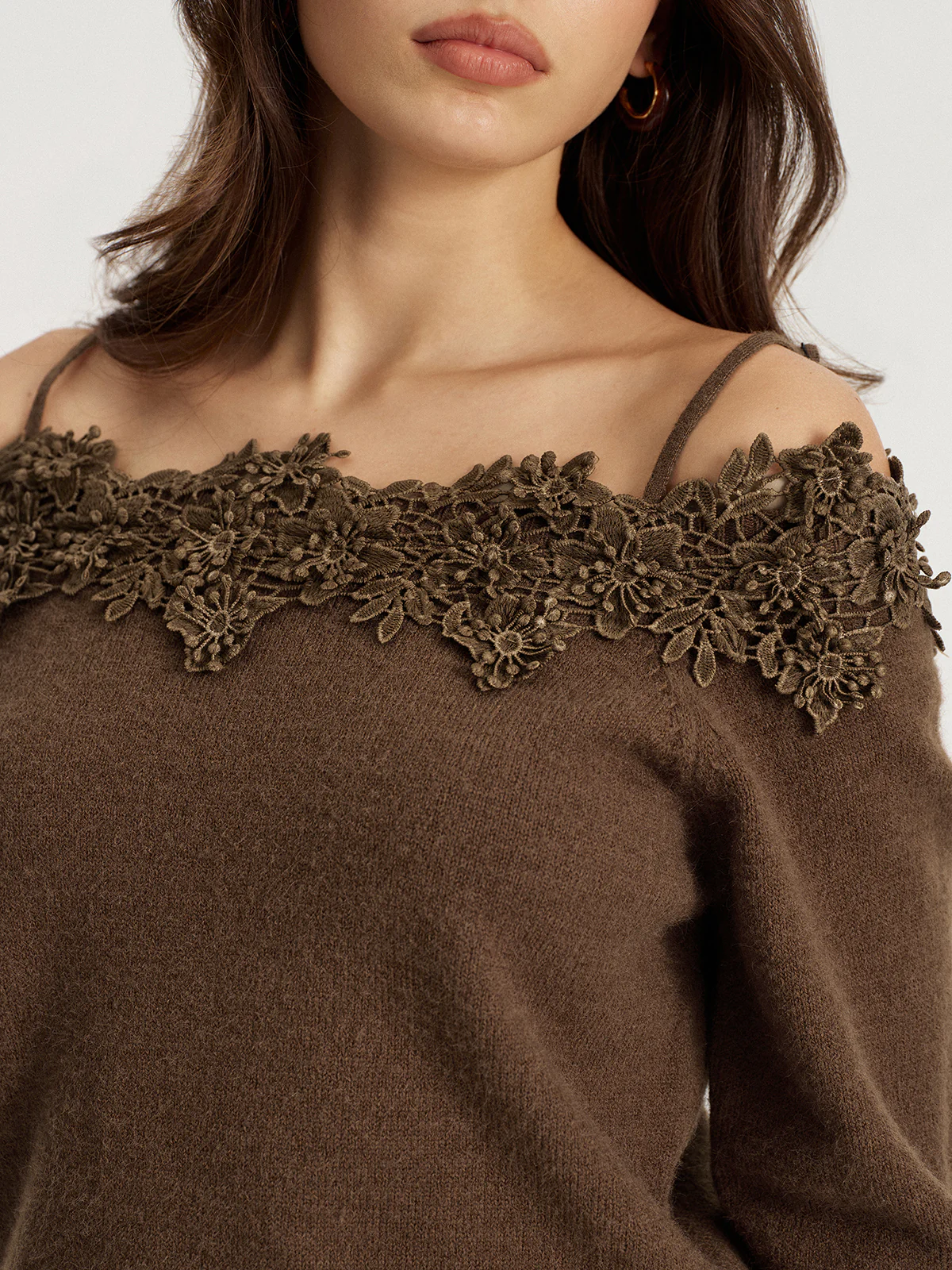 Off Shoulder Floral Lace Trim Sweater - Wholesalesil