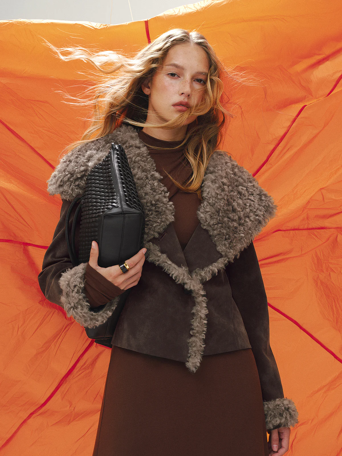 Shearling Collar Suede Effect Short Jacket - Wholesalesil