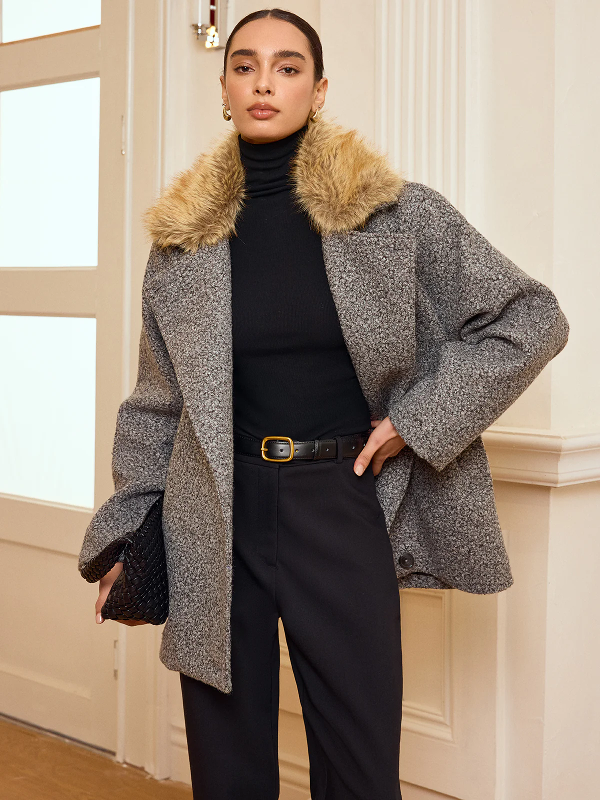 Belted Faux Fur Collar Tweed Coat - Wholesalesil