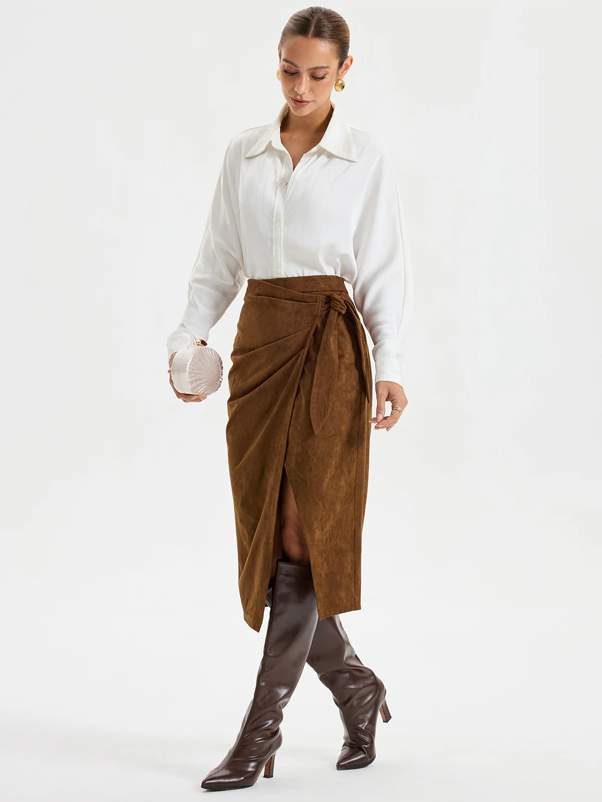 Tie Knot Suede Effect Midi Skirt - Wholesalesil
