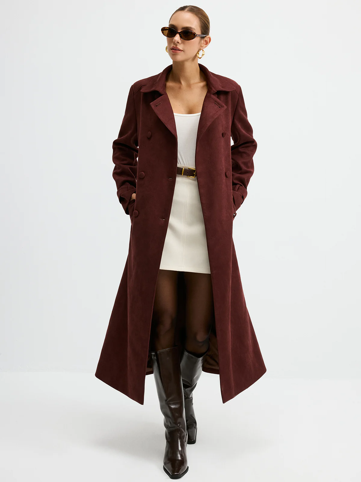 Suede Effect Double-Breasted Long Trench Coat - Wholesalesil