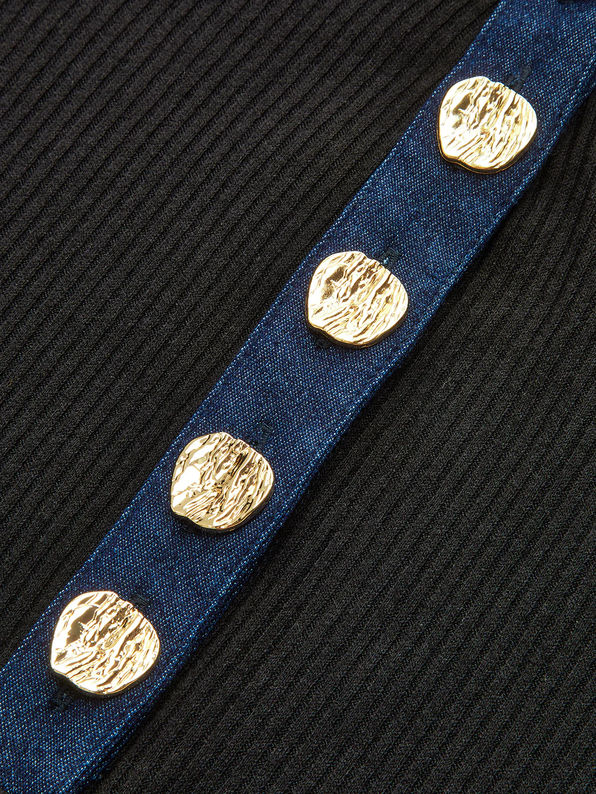 Contrast Collar Metal Button Ribbed Knit T-Shirt - Wholesalesil