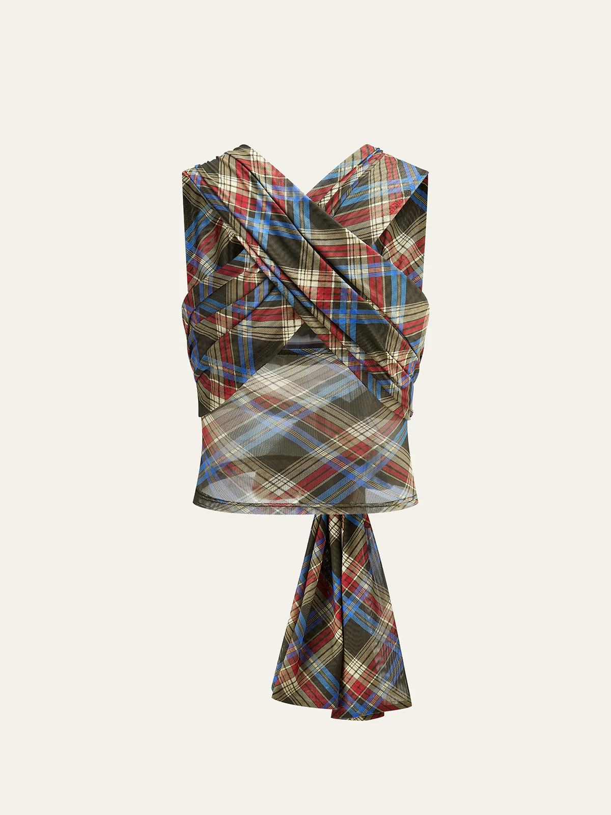 Semi-Sheer Plaid Knotted Tie-Back Top - Wholesalesil