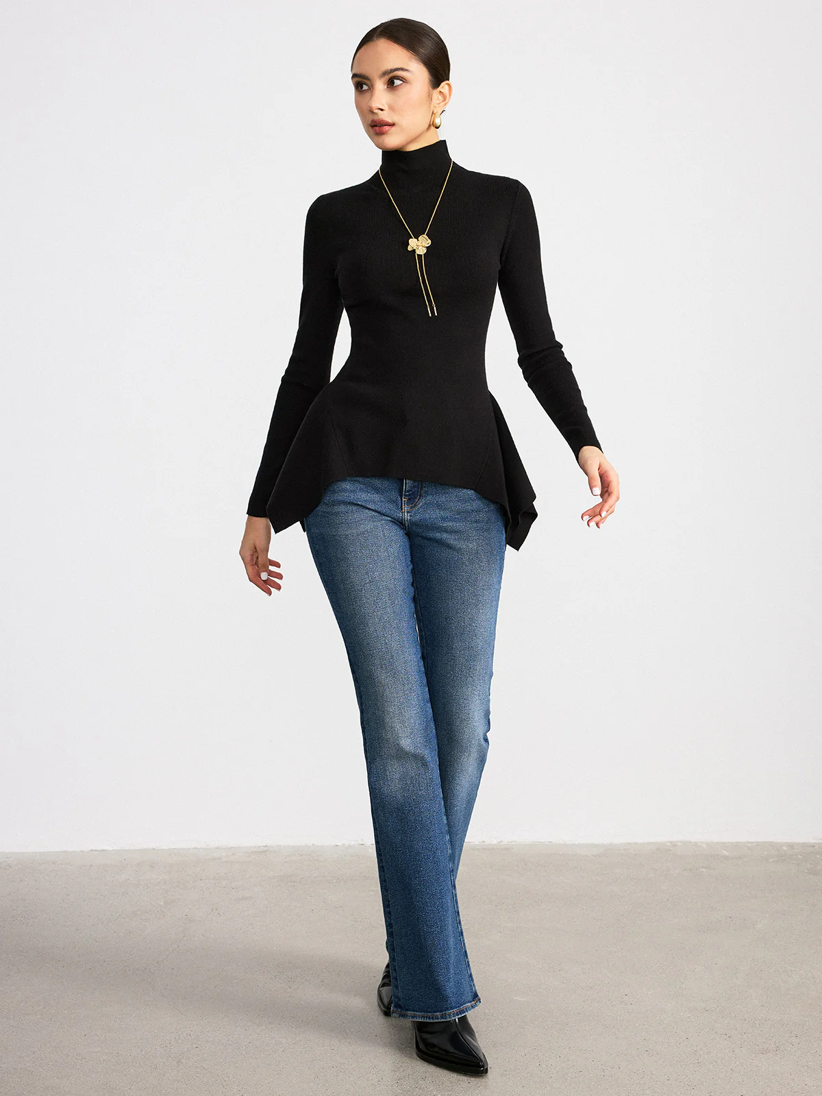 Turtleneck Asymmetric Peplum Sweater - Wholesalesil