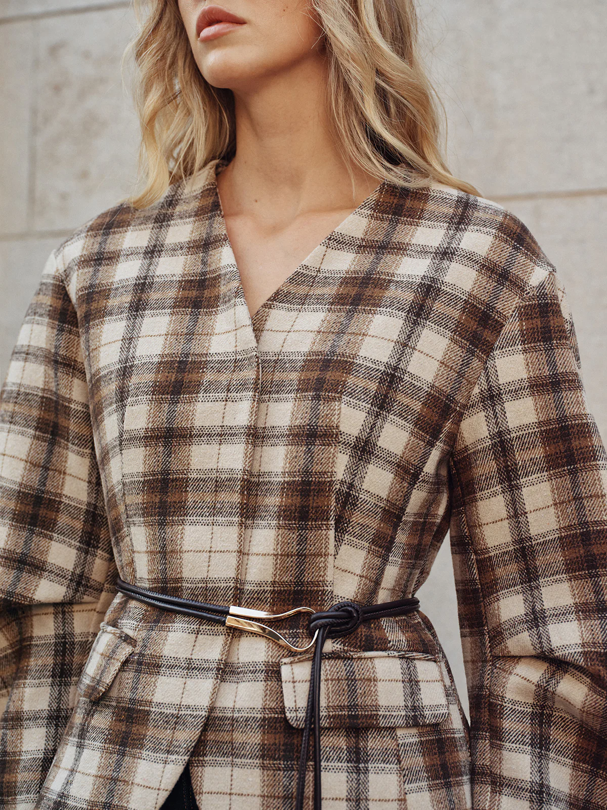 Belted Plaid Tweed Coat - Wholesalesil