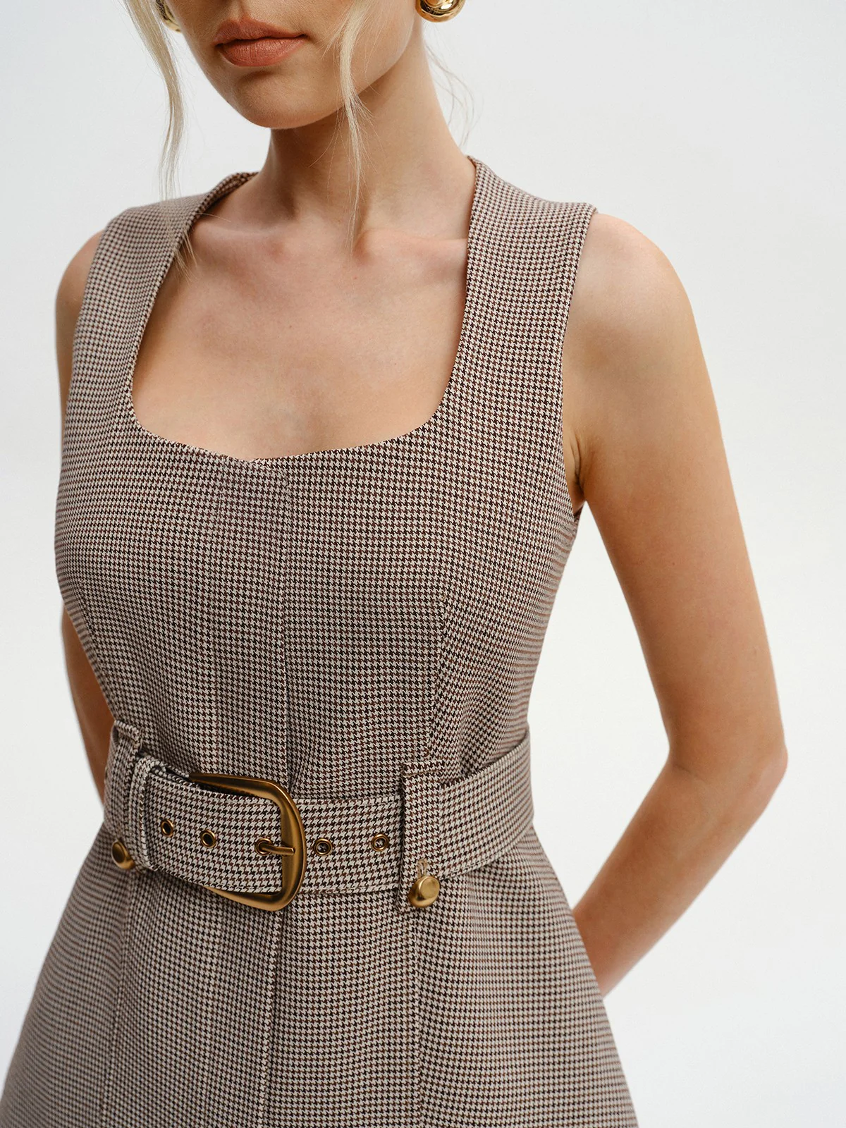 Belted Houndstooth Square-Neck Vest - Wholesalesil