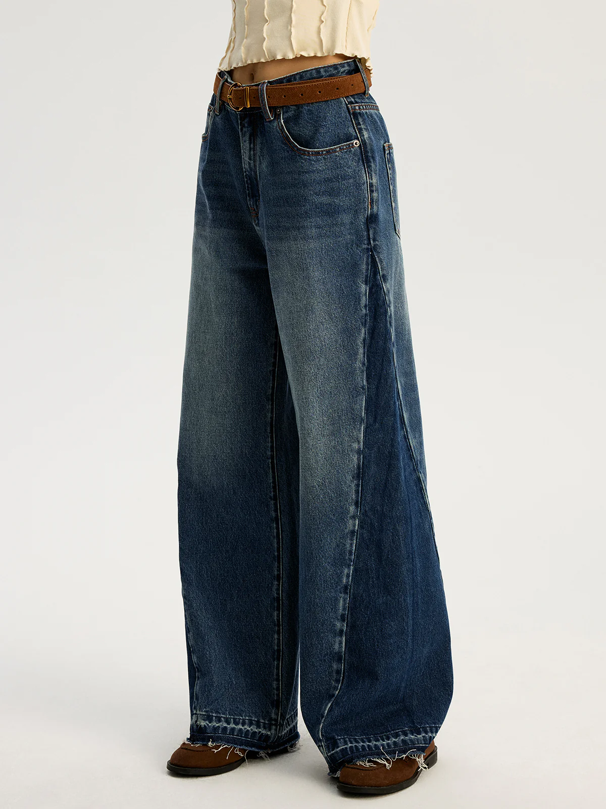 Low Rise Two Tone Ultra Wide Leg Jeans - Wholesalesil