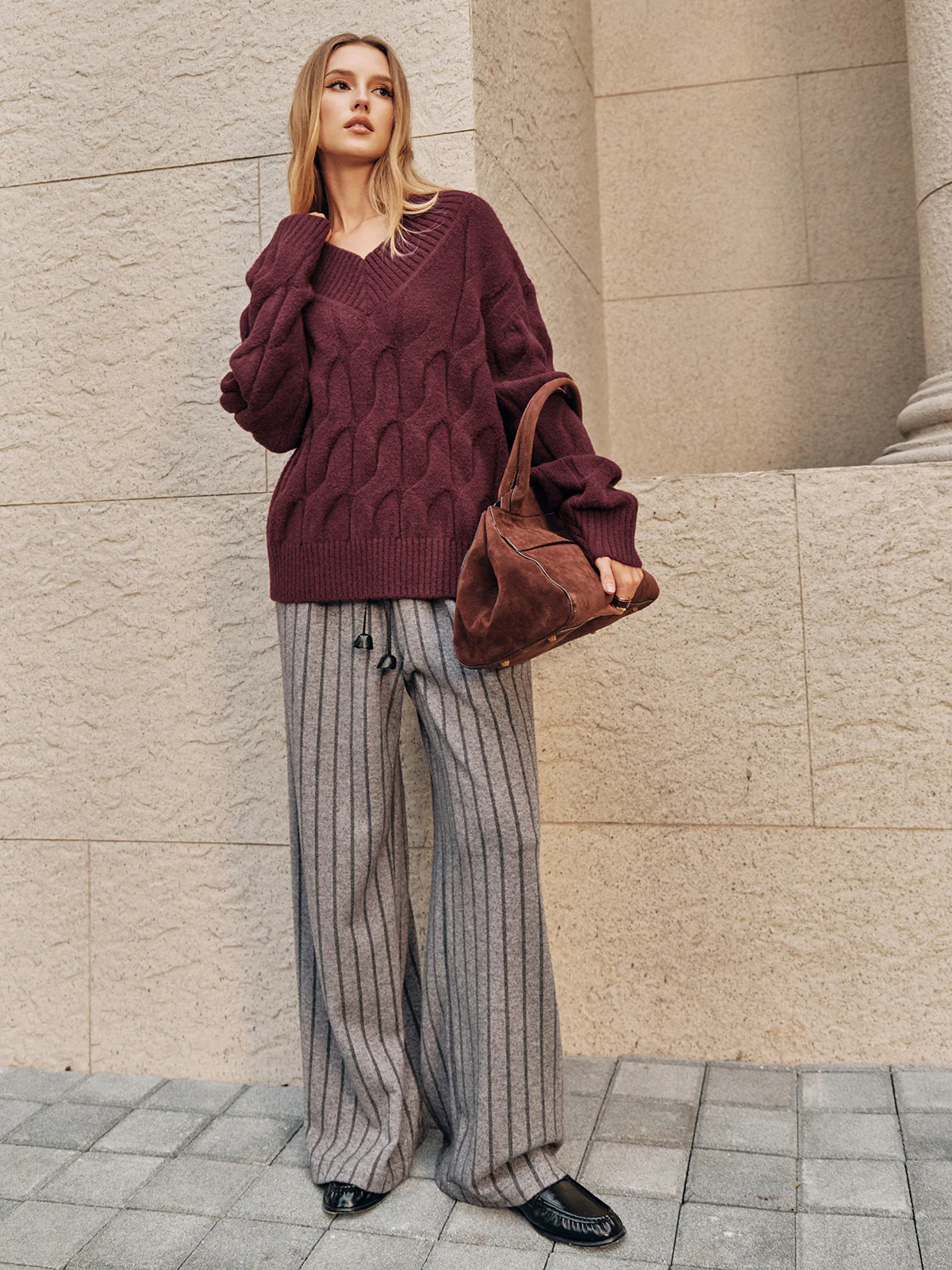 Tweed Striped Drawstring Wide-Leg Pants - Wholesalesil
