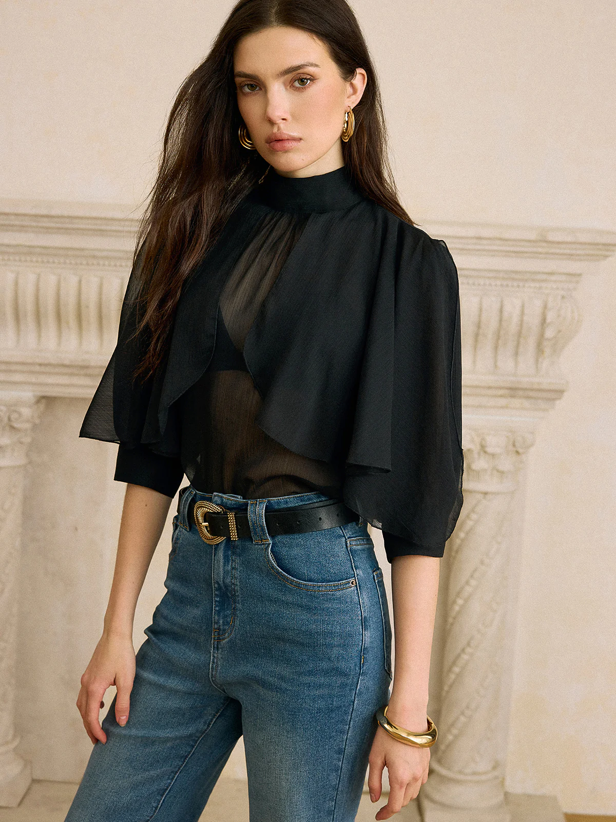 Sheer Chiffon Blouse with Back Bow Detail - Wholesalesil