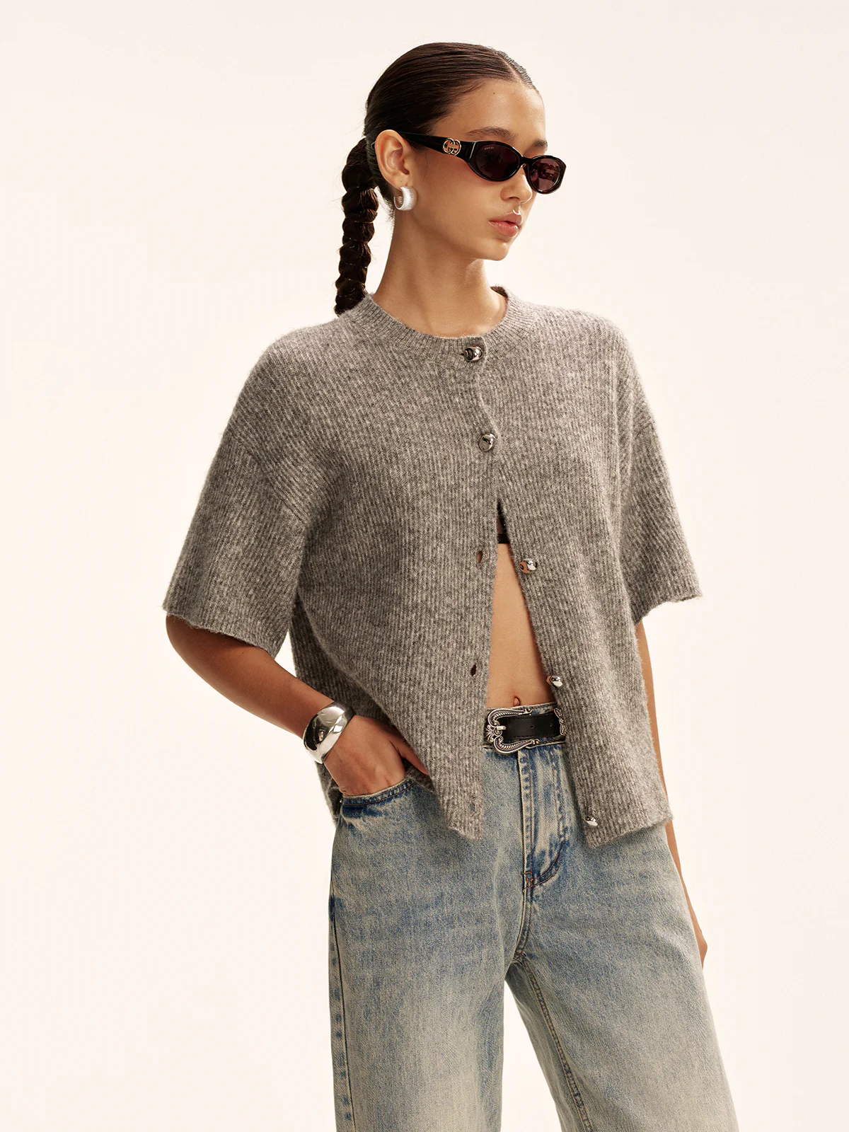 Wool-Blend Short-Sleeved Cardigan - Wholesalesil
