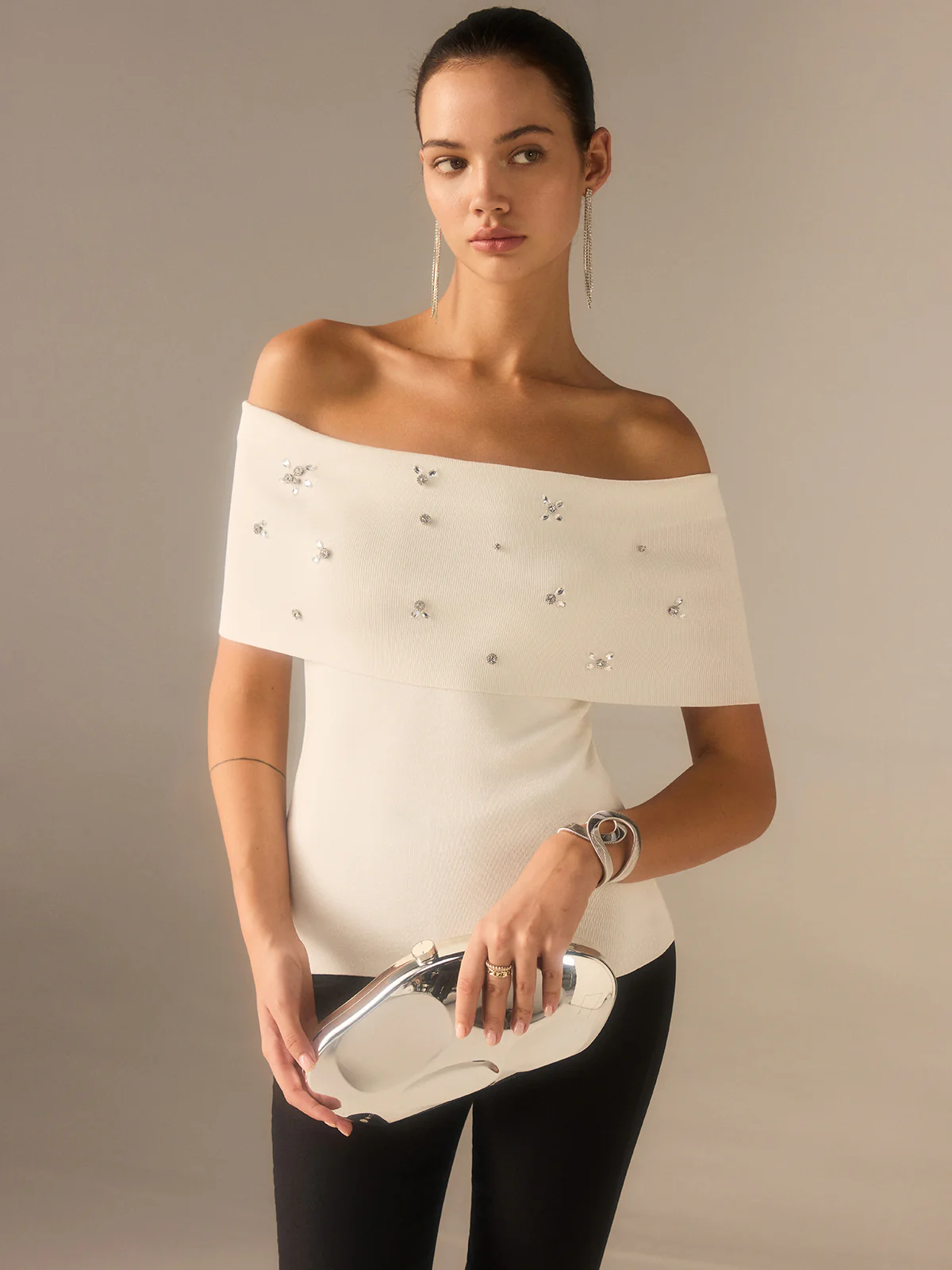 Off-Shoulder Knit Top with Crystal Embellishments - Wholesalesil