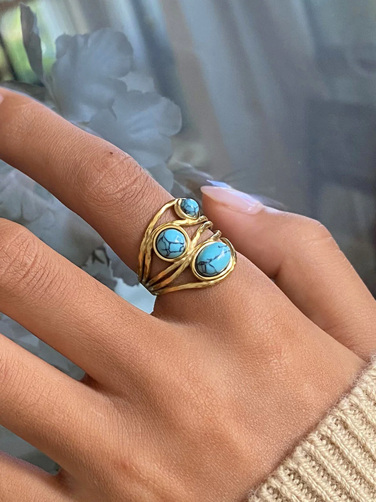 Gold Tone Turquoise Inlaid Ring - Wholesalesil