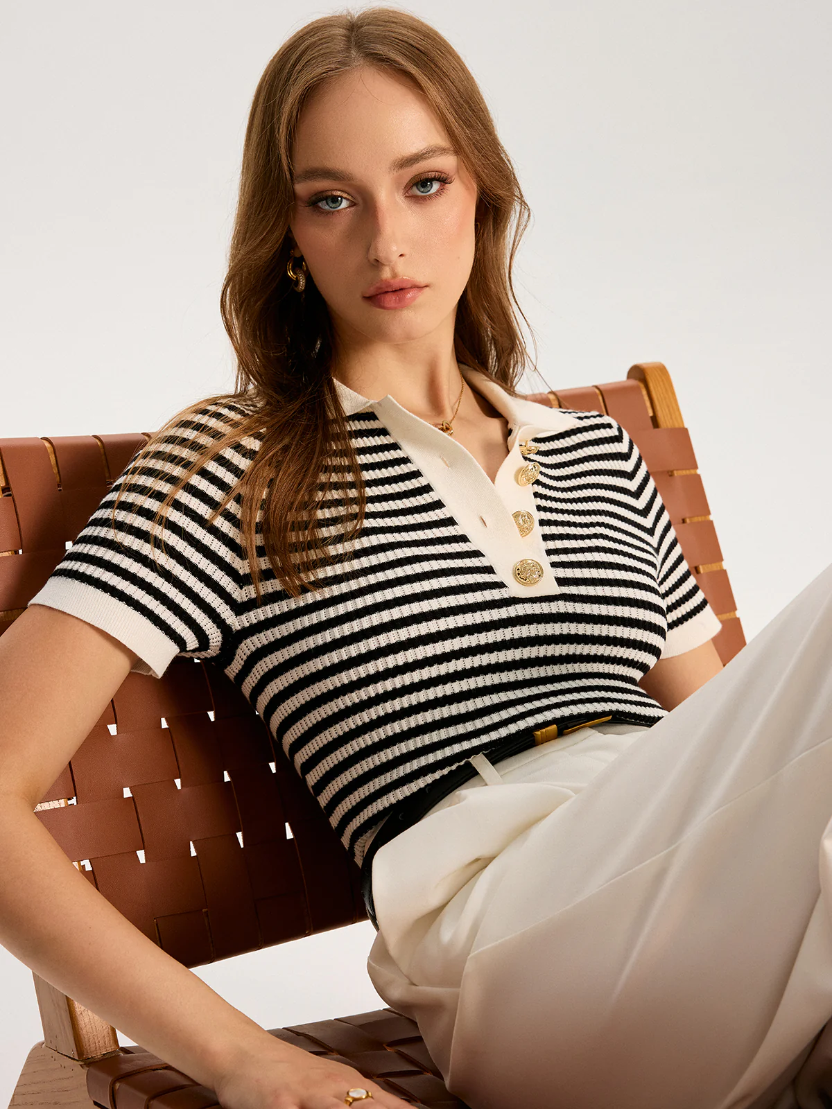 Metal Button Striped Knit Polo Top - Wholesalesil