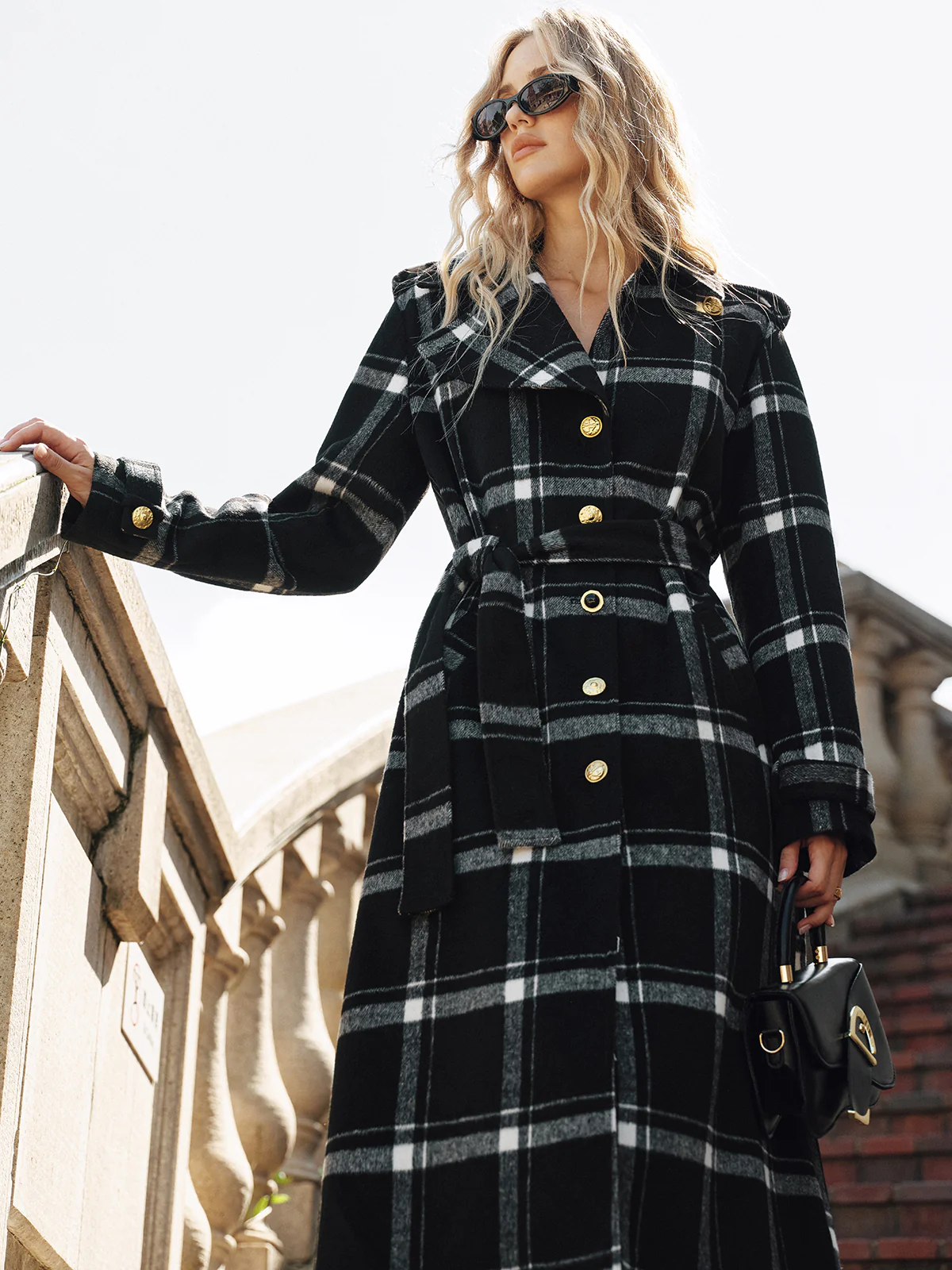 Plaid Belted Wool Blend Trench Coat - Wholesalesil