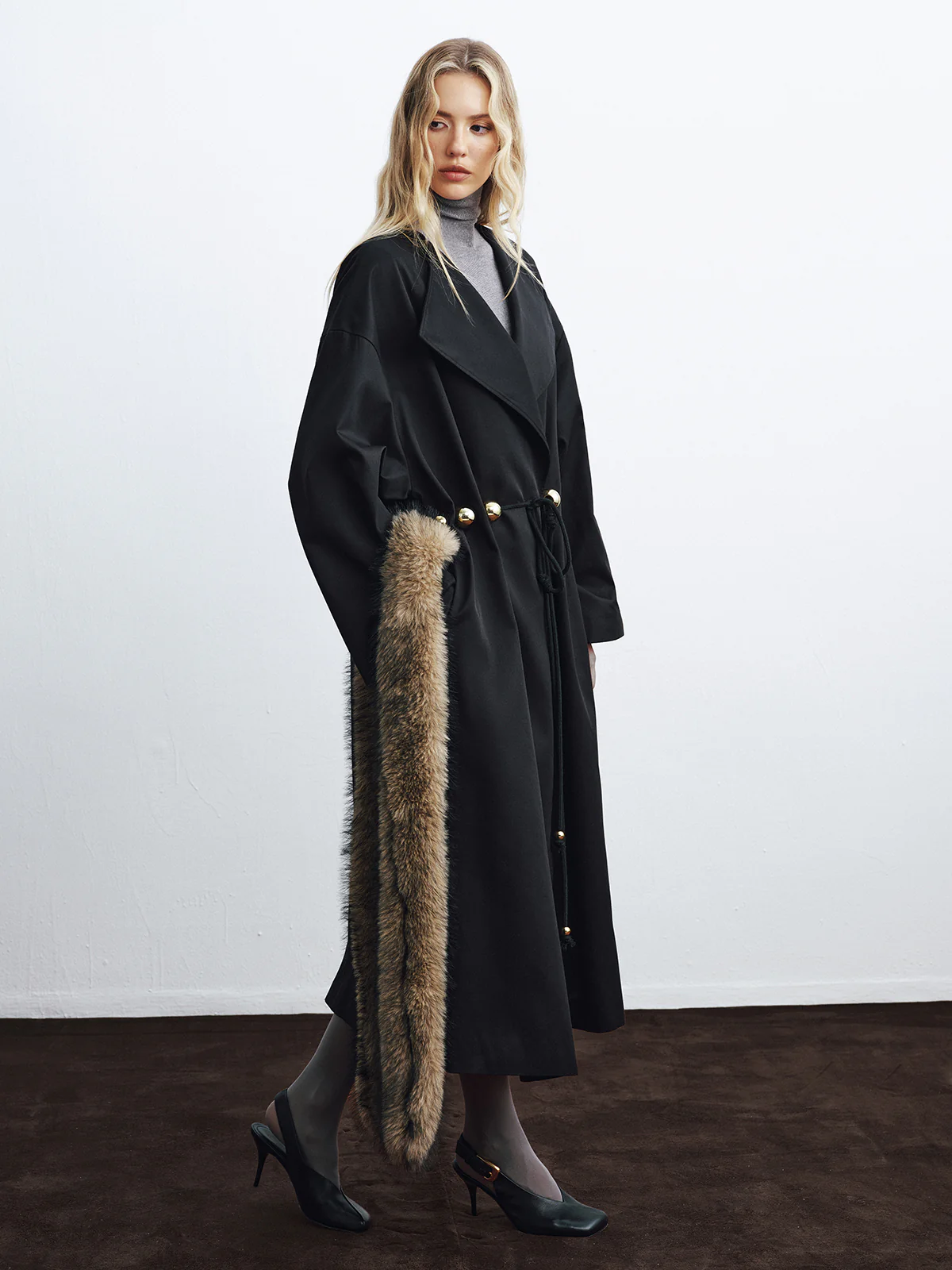 Metal Detail Tie-Belt Oversized Long Trench Coat - Wholesalesil