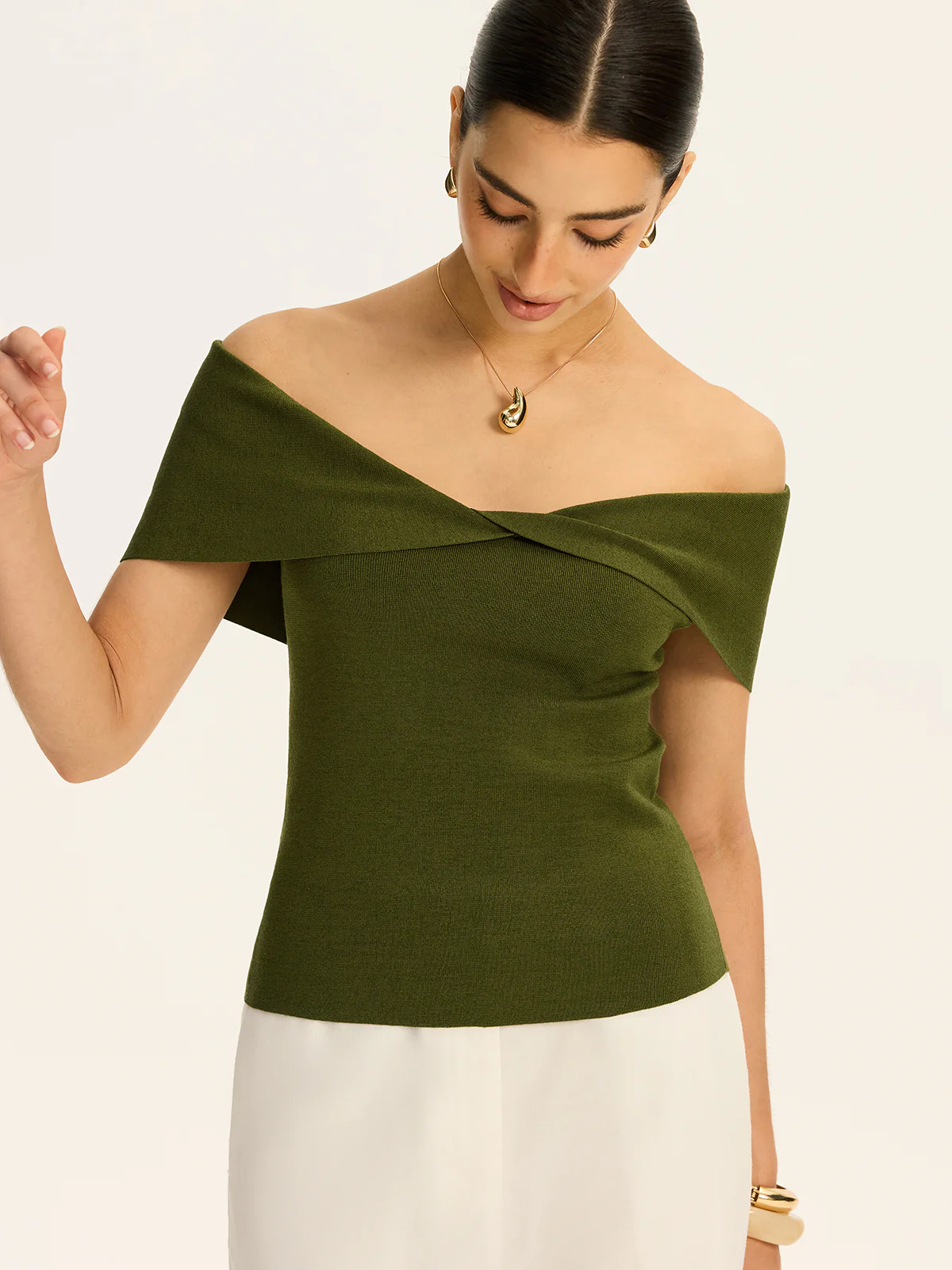 Off-Shoulder Twist-Front Knit Top - Wholesalesil