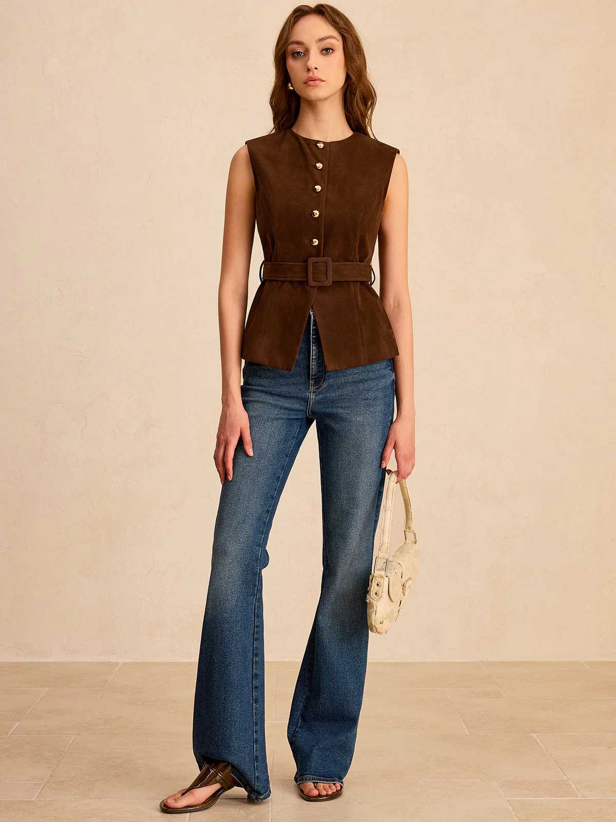 Suede Effect Vest with Belt - Wholesalesil