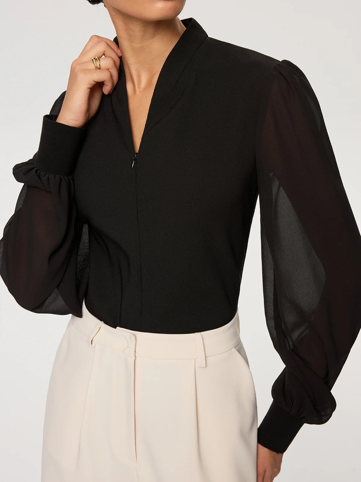 Zip Detail Chiffon Sleeves Blouse - Wholesalesil
