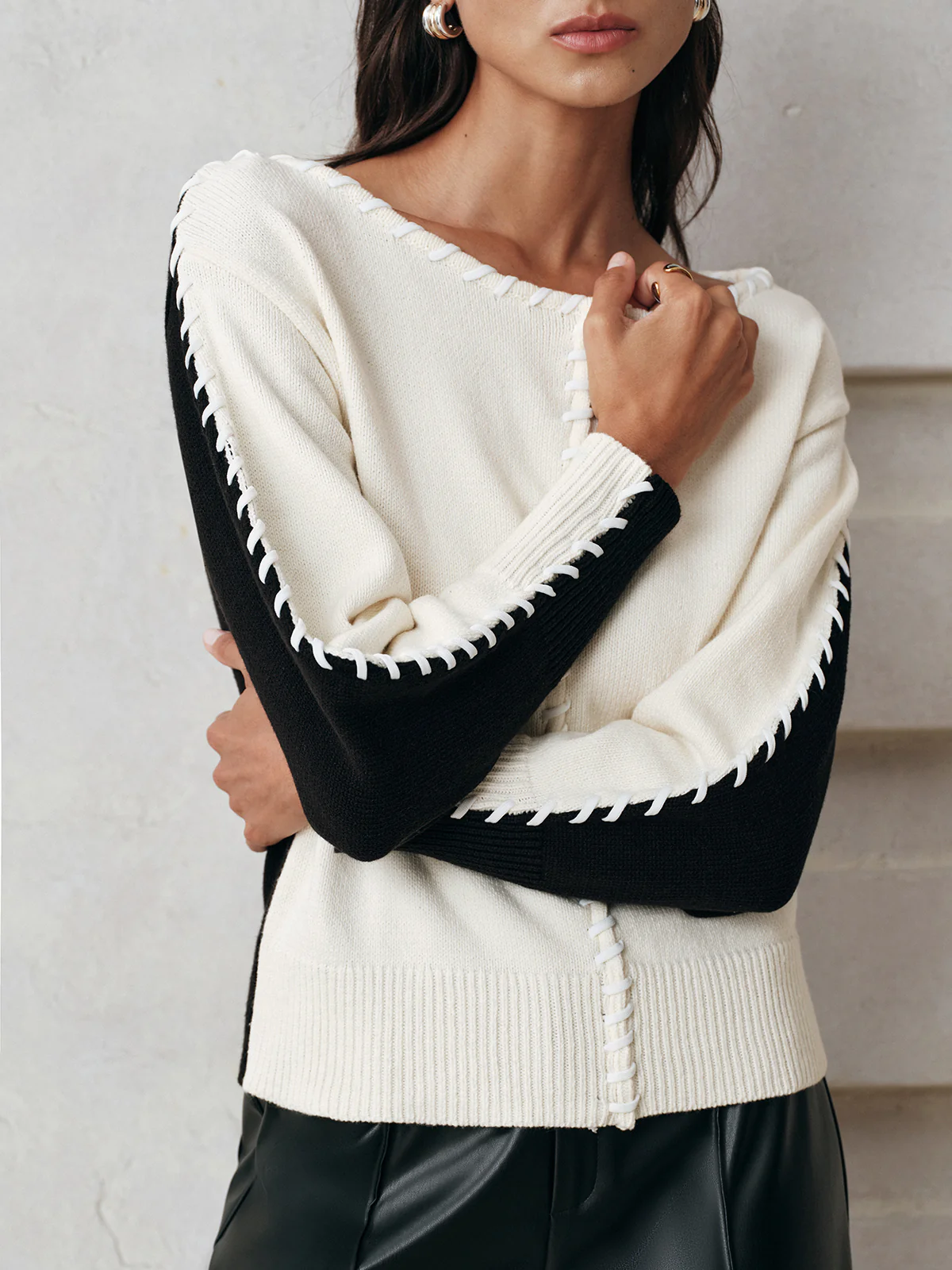 Contrast-Panel Stitch-Trim Knit Top - Wholesalesil