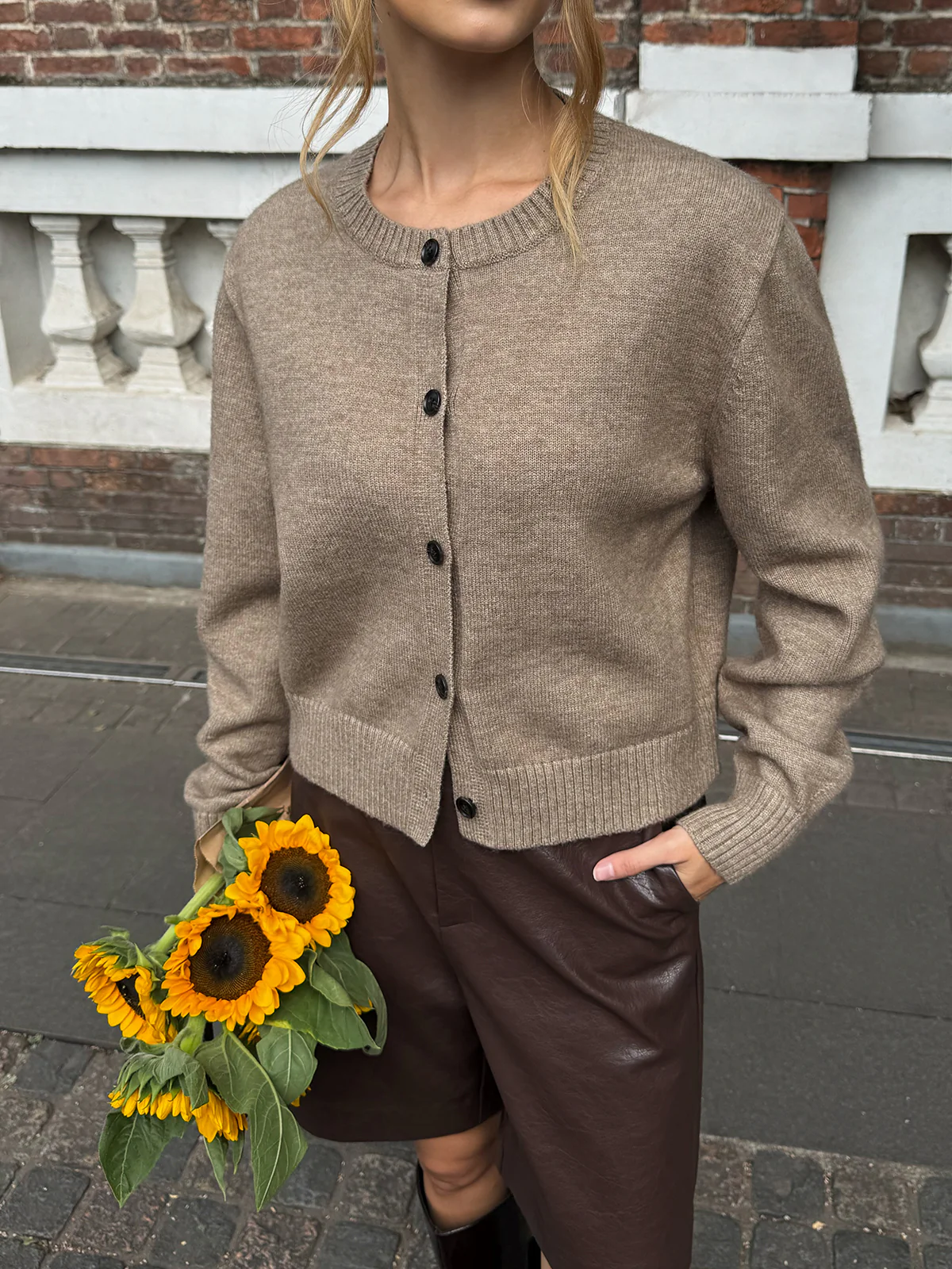 Crew Neck Button-Front Knit Cardigan - Wholesalesil