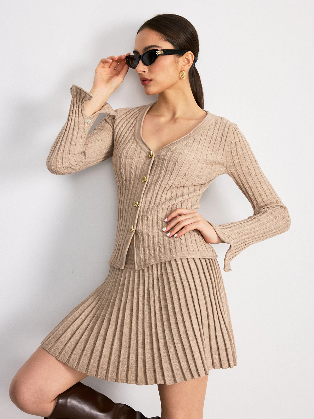 Cable-Knit V-Neck Cardigan and Pleated Skirt Set - Wholesalesil