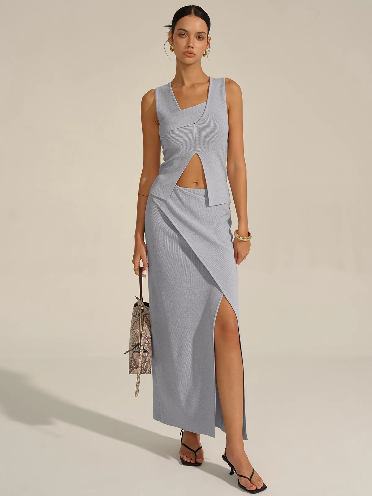 Asymmetrical Slit Knit Skirt Set - Wholesalesil