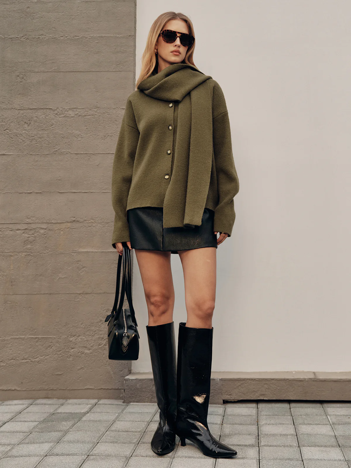 Button-Front Knit Cardigan with Scarf Detail - Wholesalesil