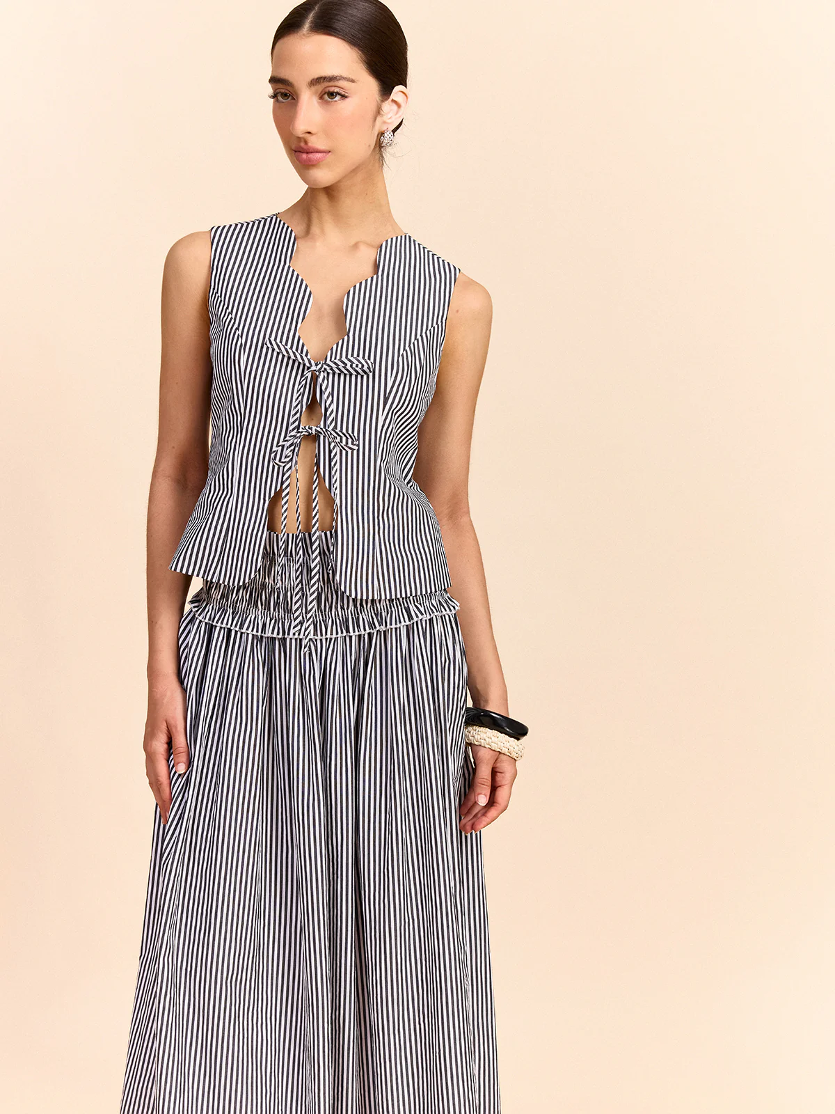 Striped Tie-Front Top and Skirt Set - Wholesalesil