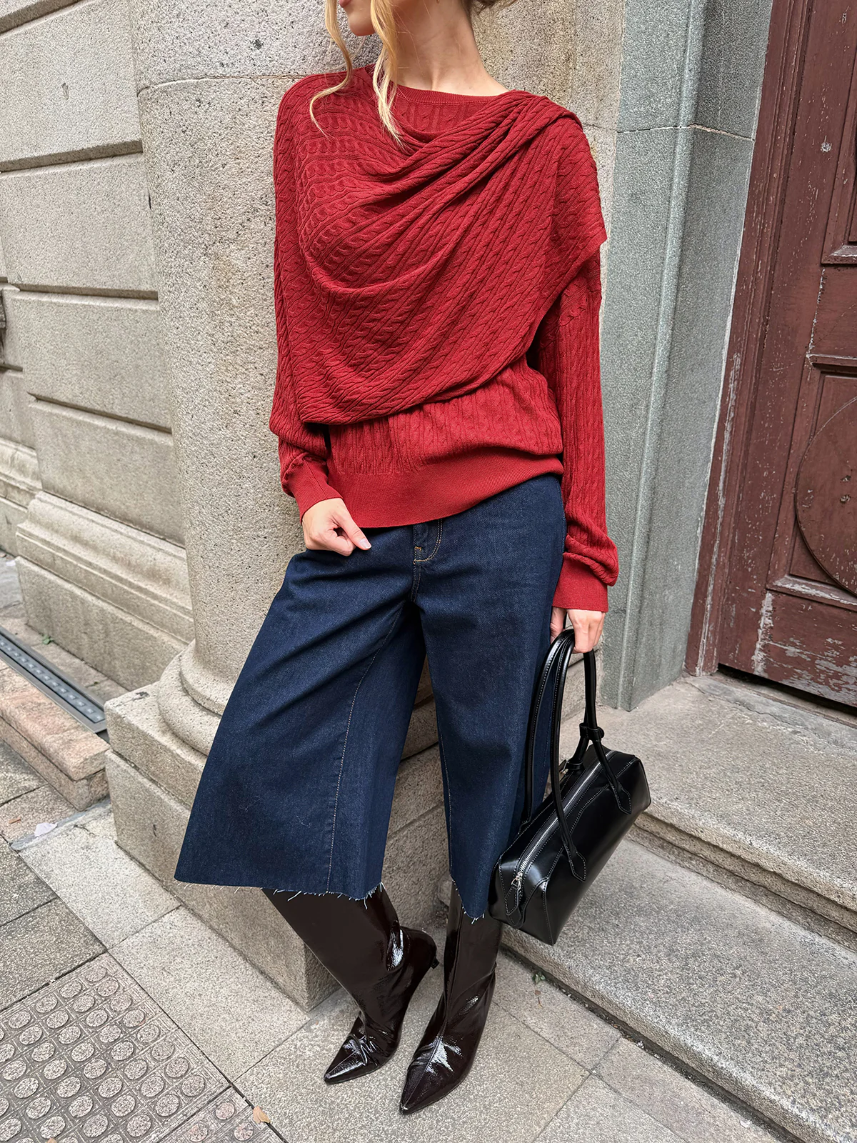 Wool Blend Cable Knit Draped Asymmetric Sweater - Wholesalesil