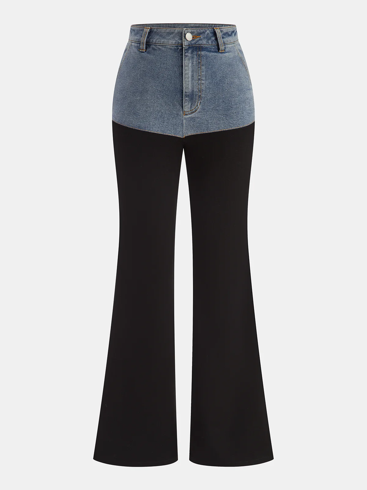Mid-Waist Denim Panel Flared Pants - Wholesalesil