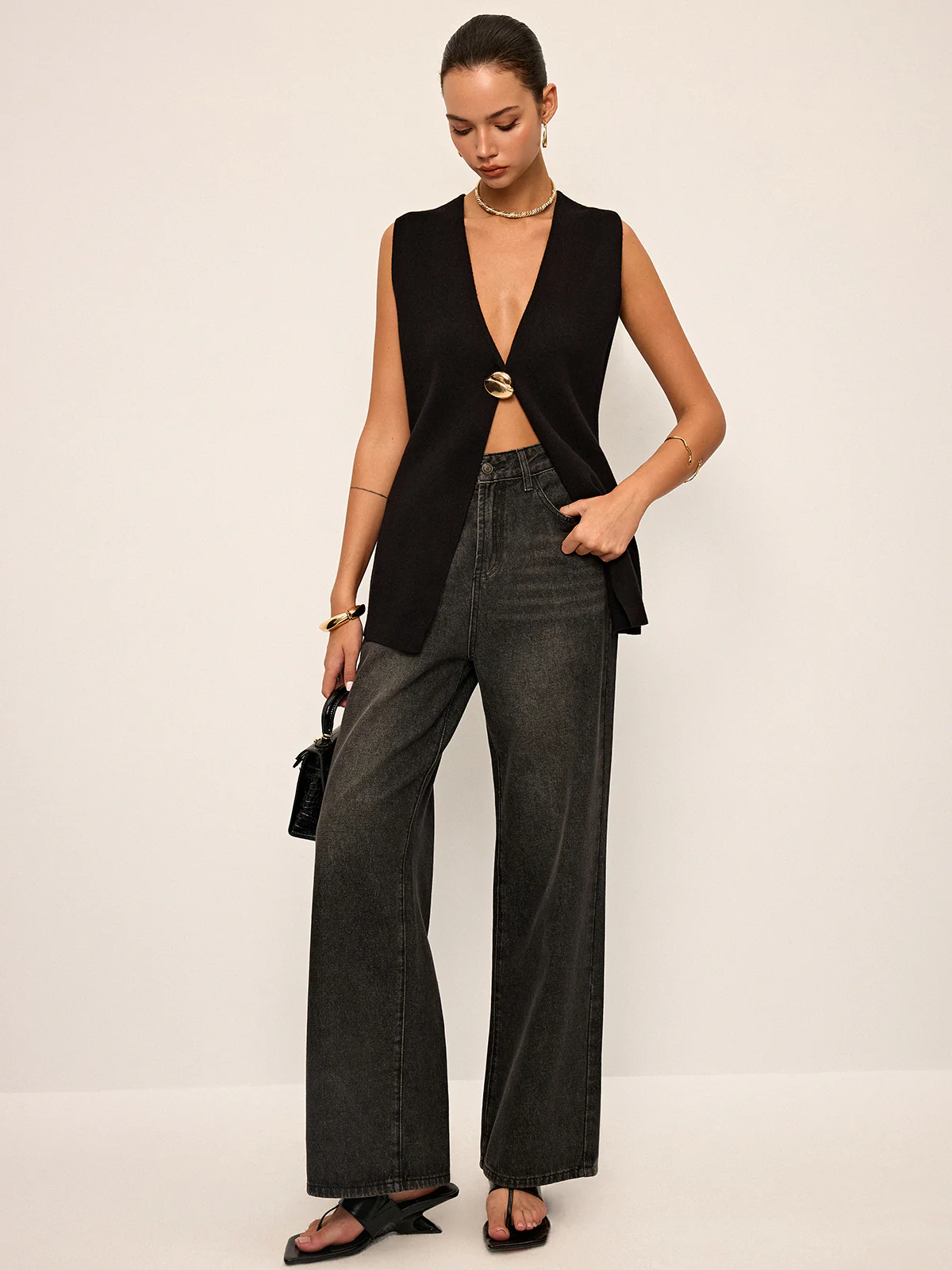 Metal Detail Sleeveless Vest - Wholesalesil