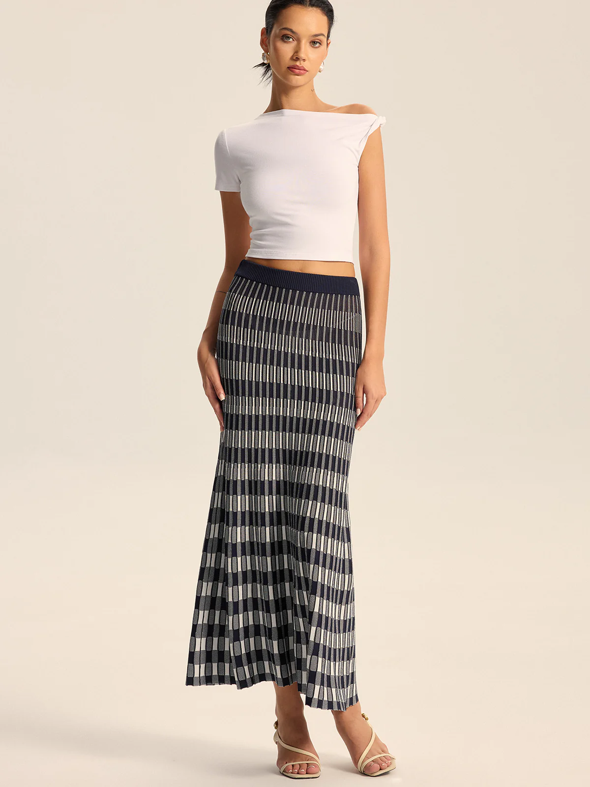 Checkered Knit Maxi Skirt - Wholesalesil