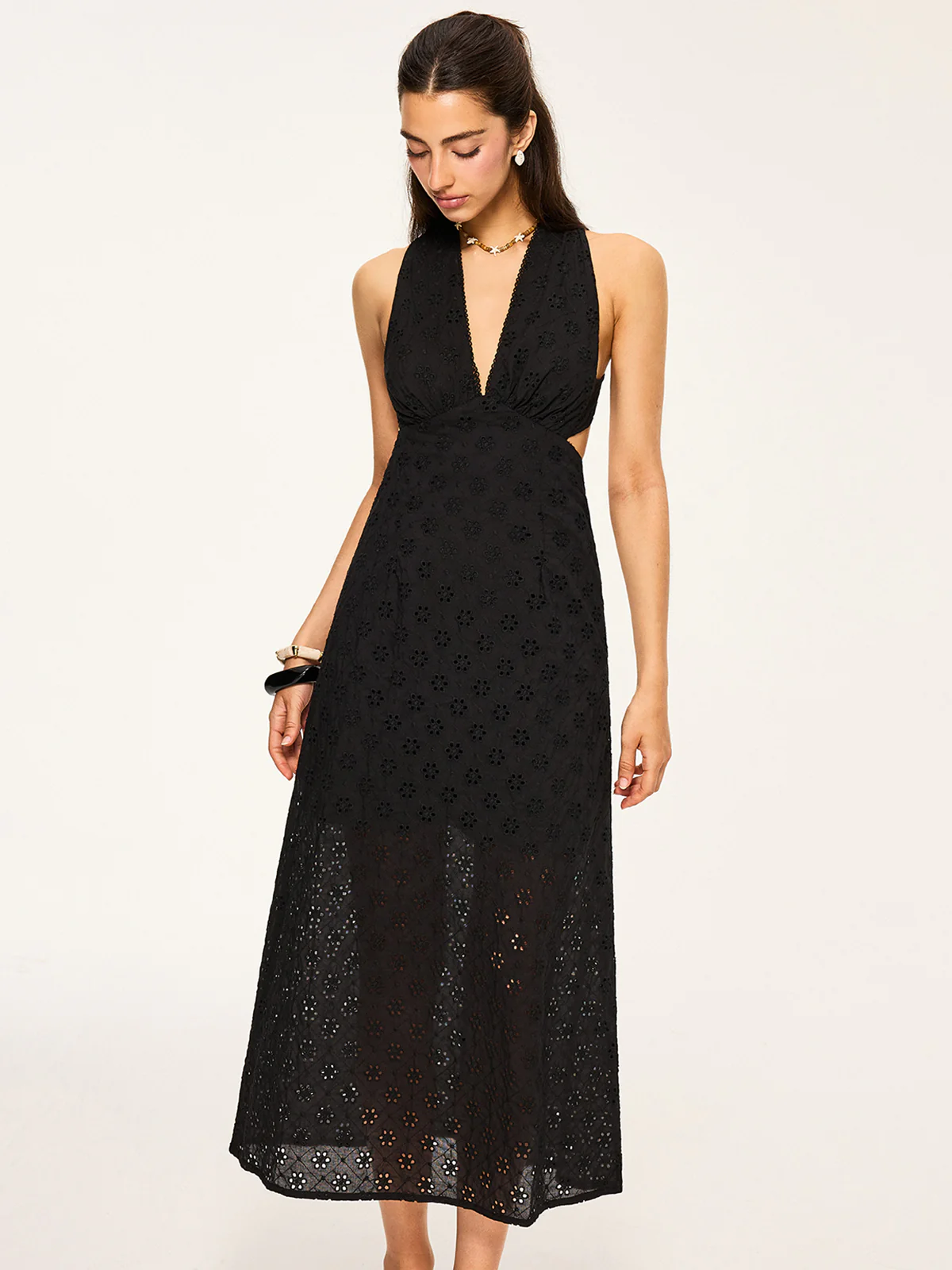 Semi-Sheer Eyelet Backless Criss-Cross Midi Dress - Wholesalesil