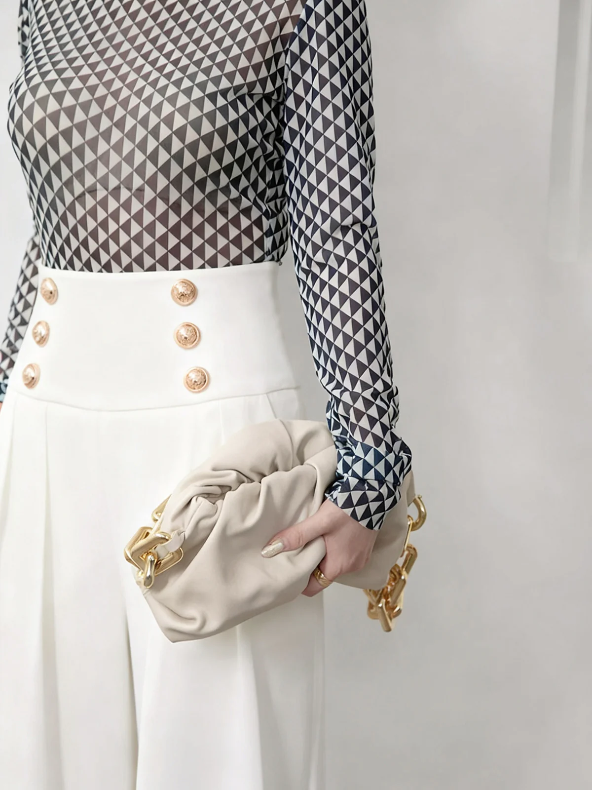 High-Waist Metal Detail Wide-Leg Pants - Wholesalesil