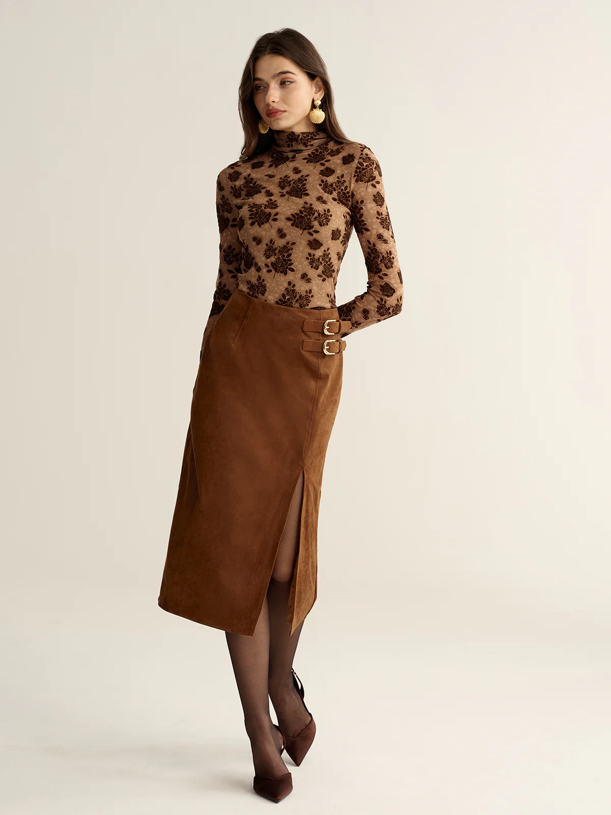 Buckle Detail Side Slit Suede Effect Maxi Skirt - Wholesalesil