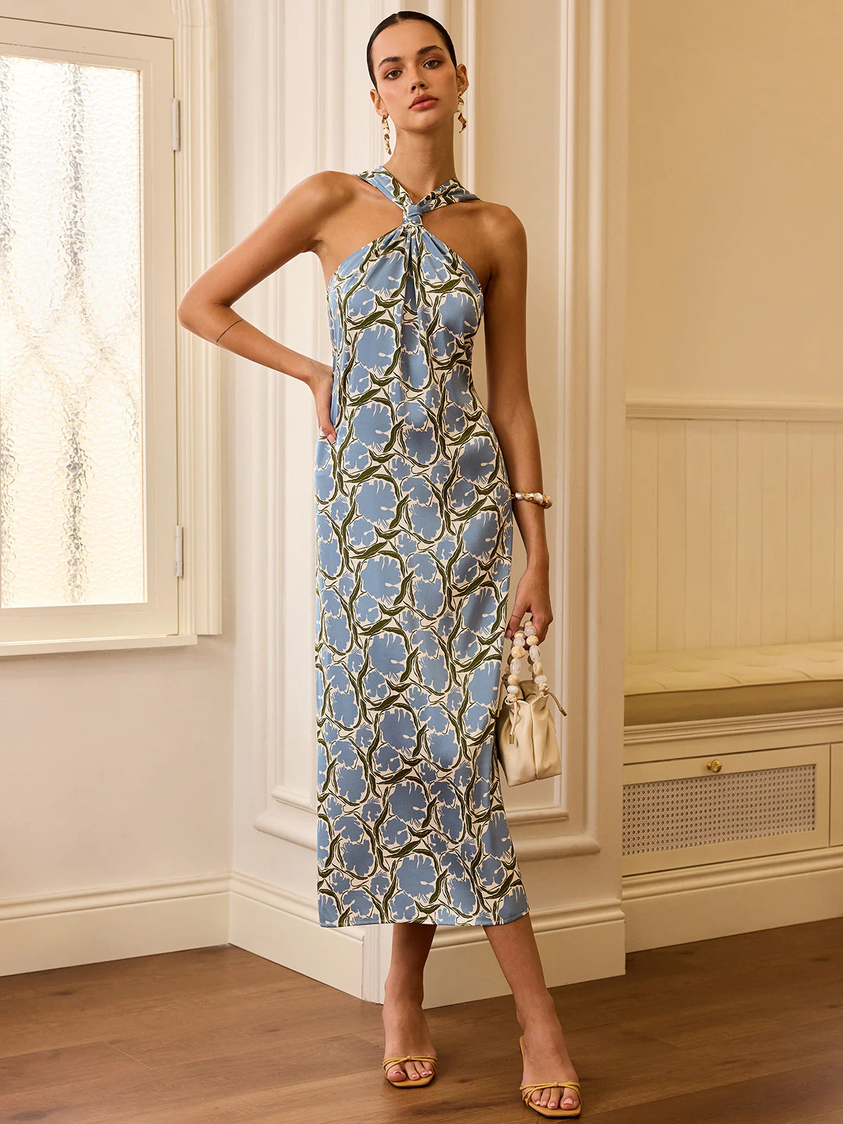 Halter Neck Floral Print Midi Dress - Wholesalesil