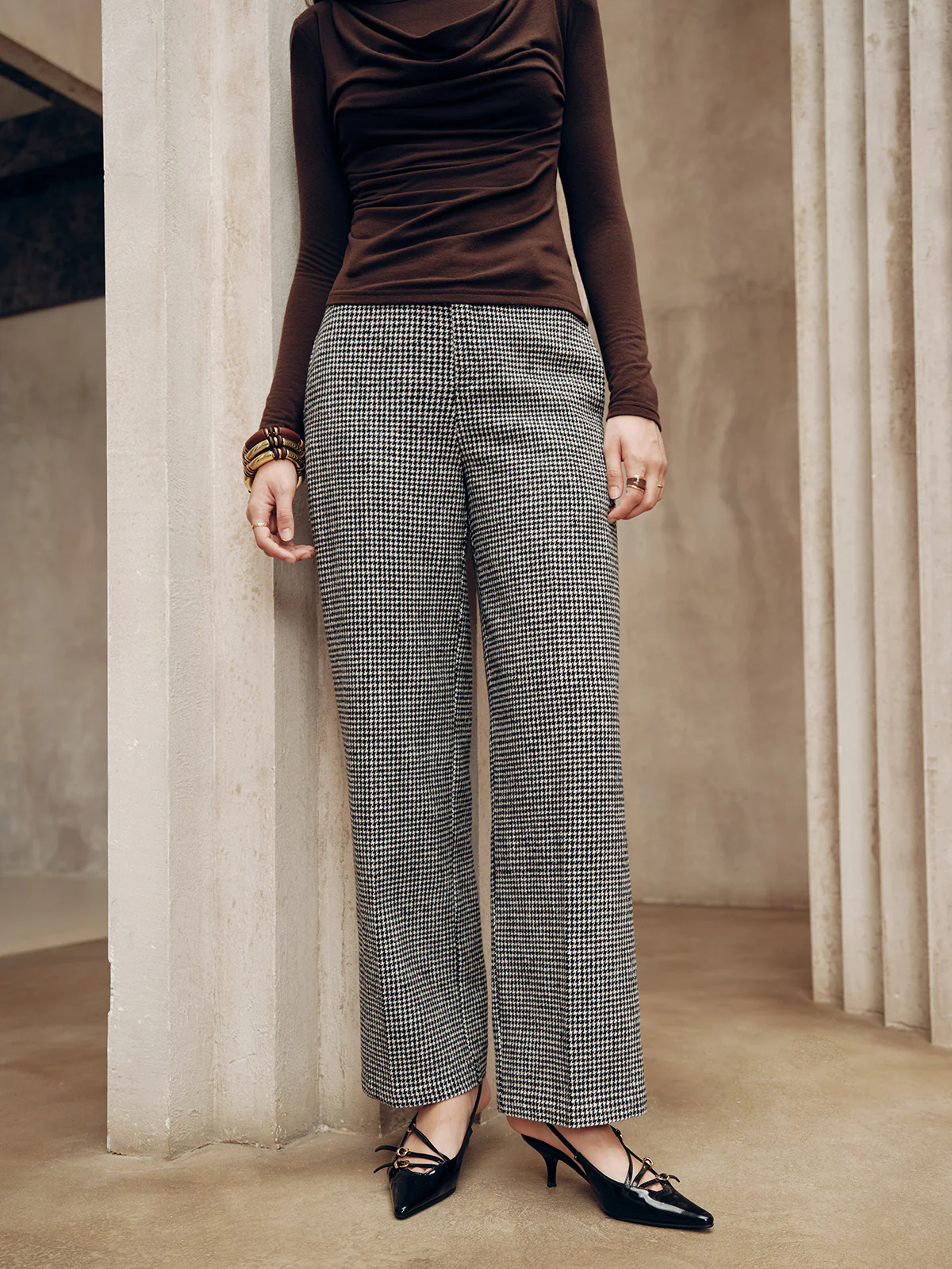 Mid-Waist Houndstooth Pants - Wholesalesil