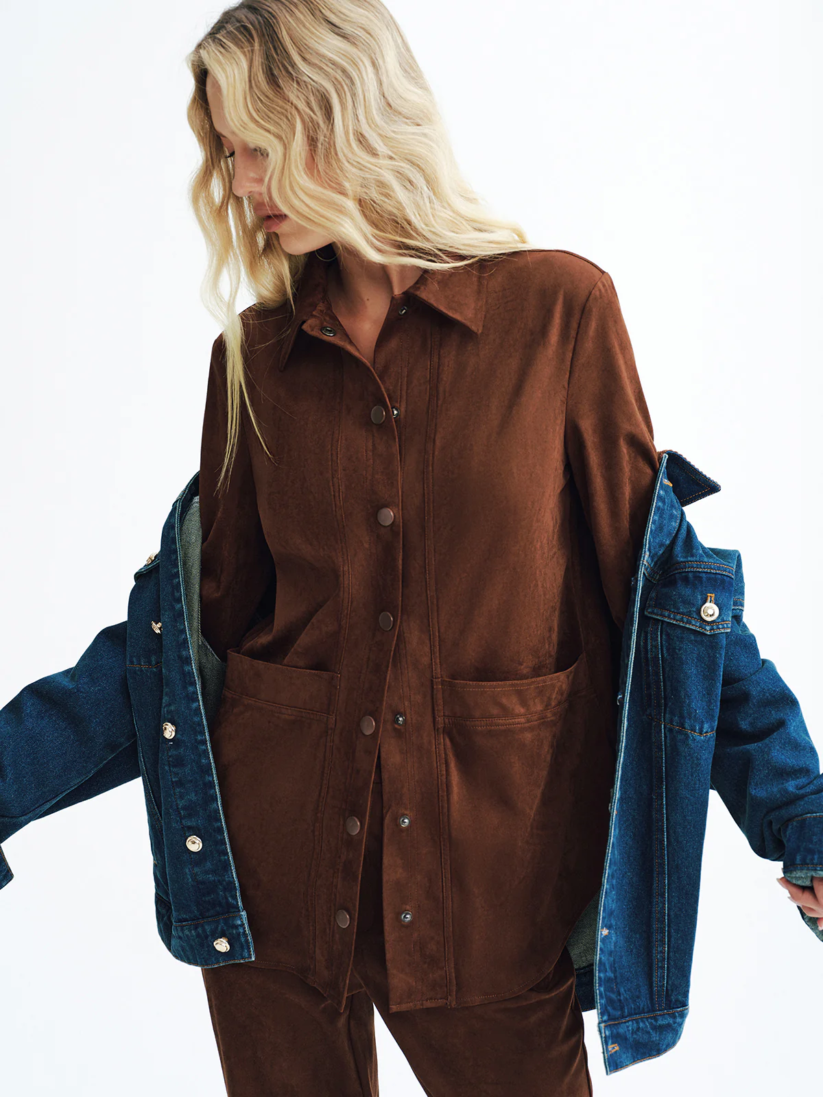 Faux Suede Long Sleeve Shirt - Wholesalesil