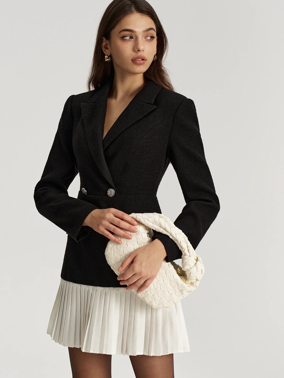 Tweed Double Breasted Pleated Hem Blazer Dress - Wholesalesil