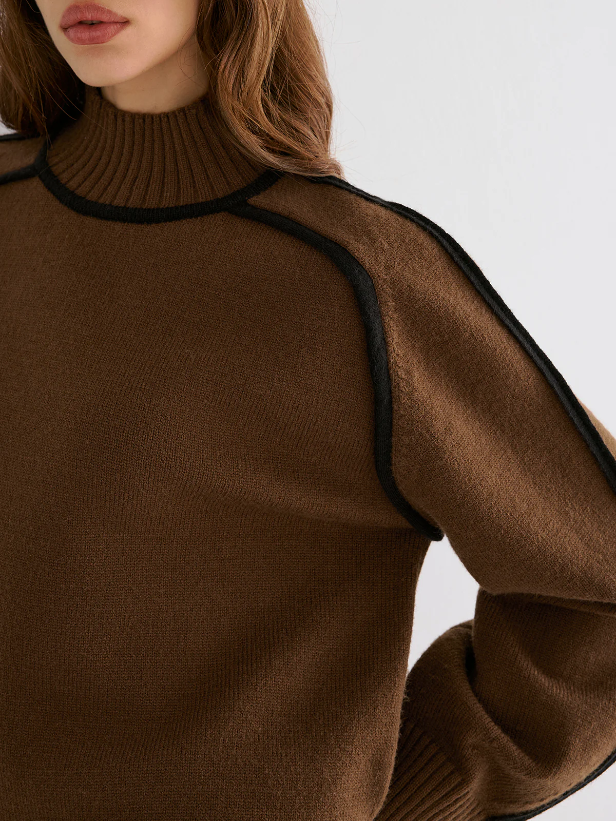 Knit Contrast Binding High Neck Sweater - Wholesalesil