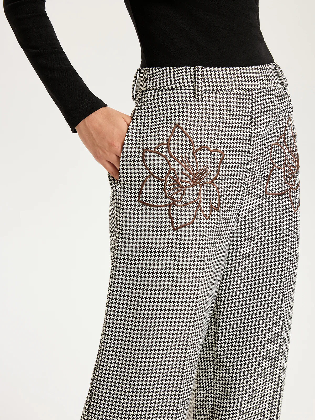 Houndstooth Embroidered Straight-Leg Pants - Wholesalesil