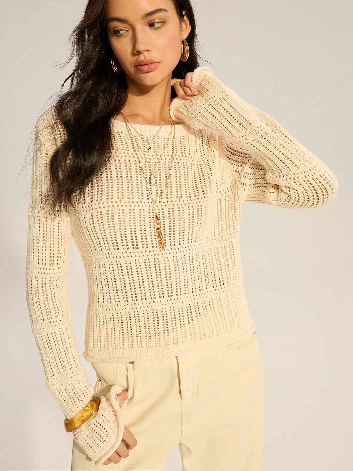 Mesh-Knit Long-Sleeve Sweater - Wholesalesil
