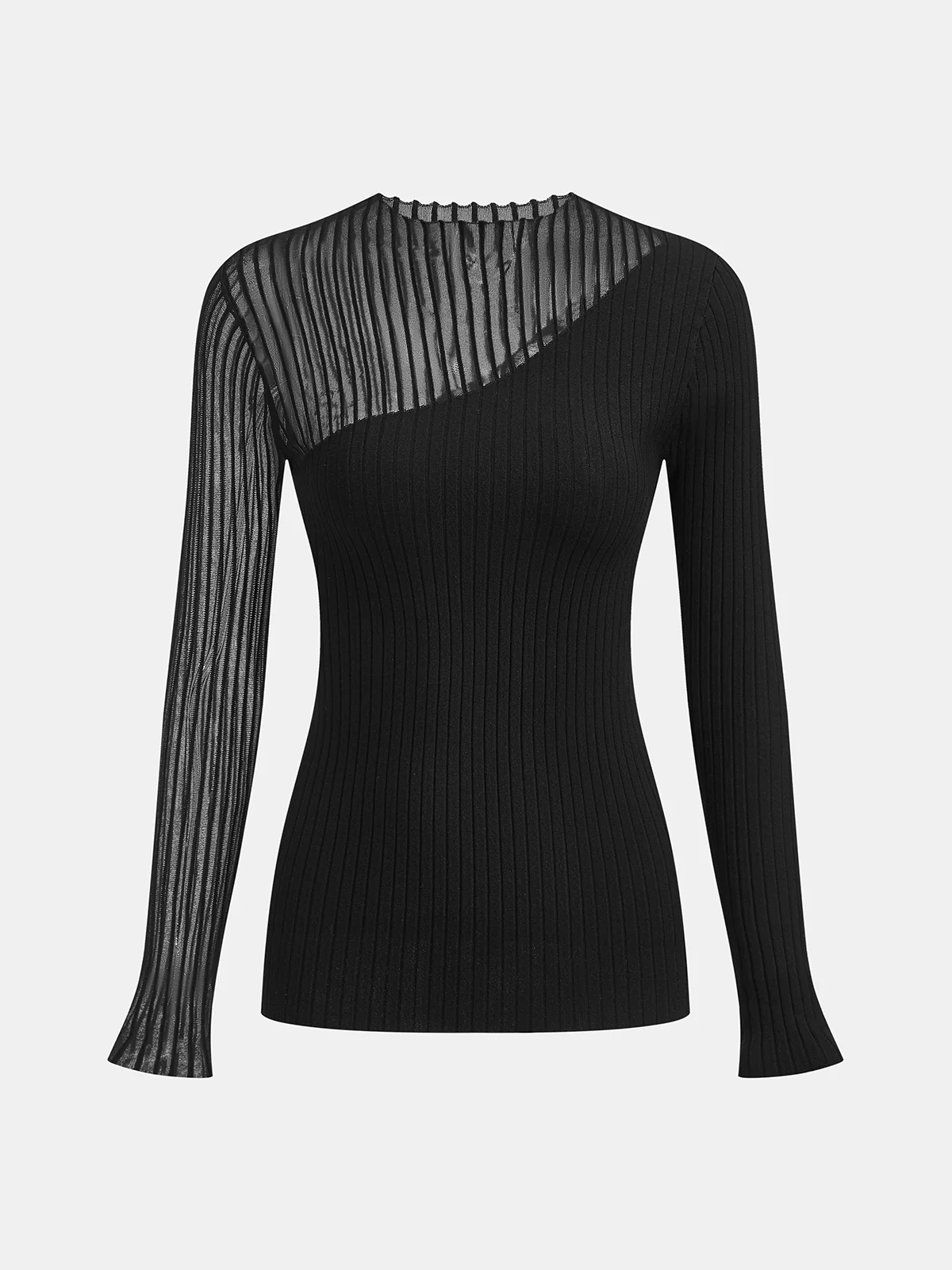 Asymmetric Sheer Mesh Panel Rib-Knit Top - Wholesalesil