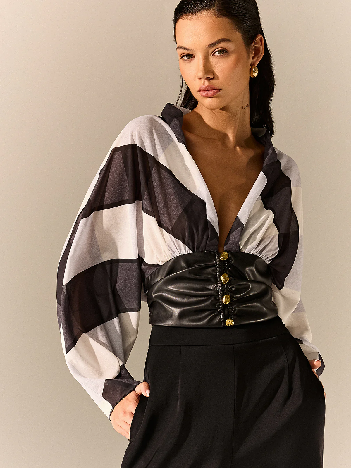 Semi-Sheer Striped Panel Faux Leather Top - Wholesalesil